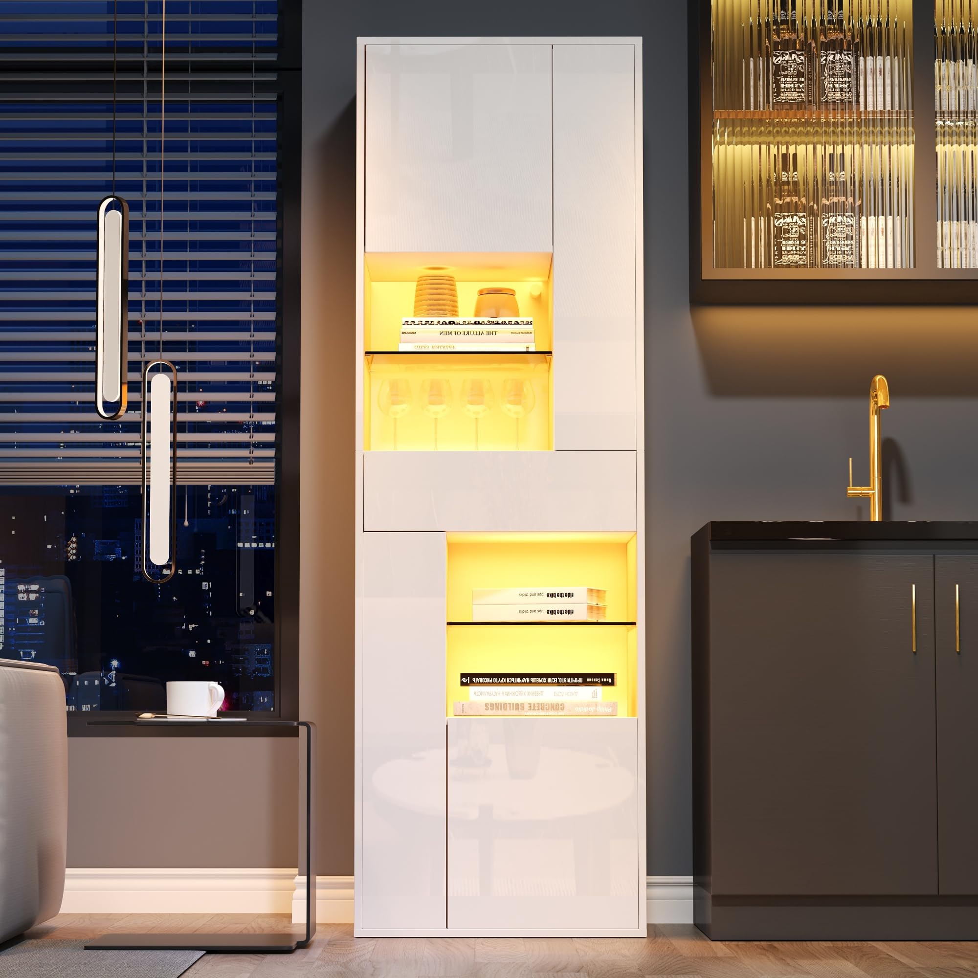 Armadio Alto Vetrina in Vetro, 55 x 38 x 170 cm, 1 Cassetto e 4 Armadi, Vetrine con Illuminazione LED, Design Lucido, per Soggiorno, Bianco