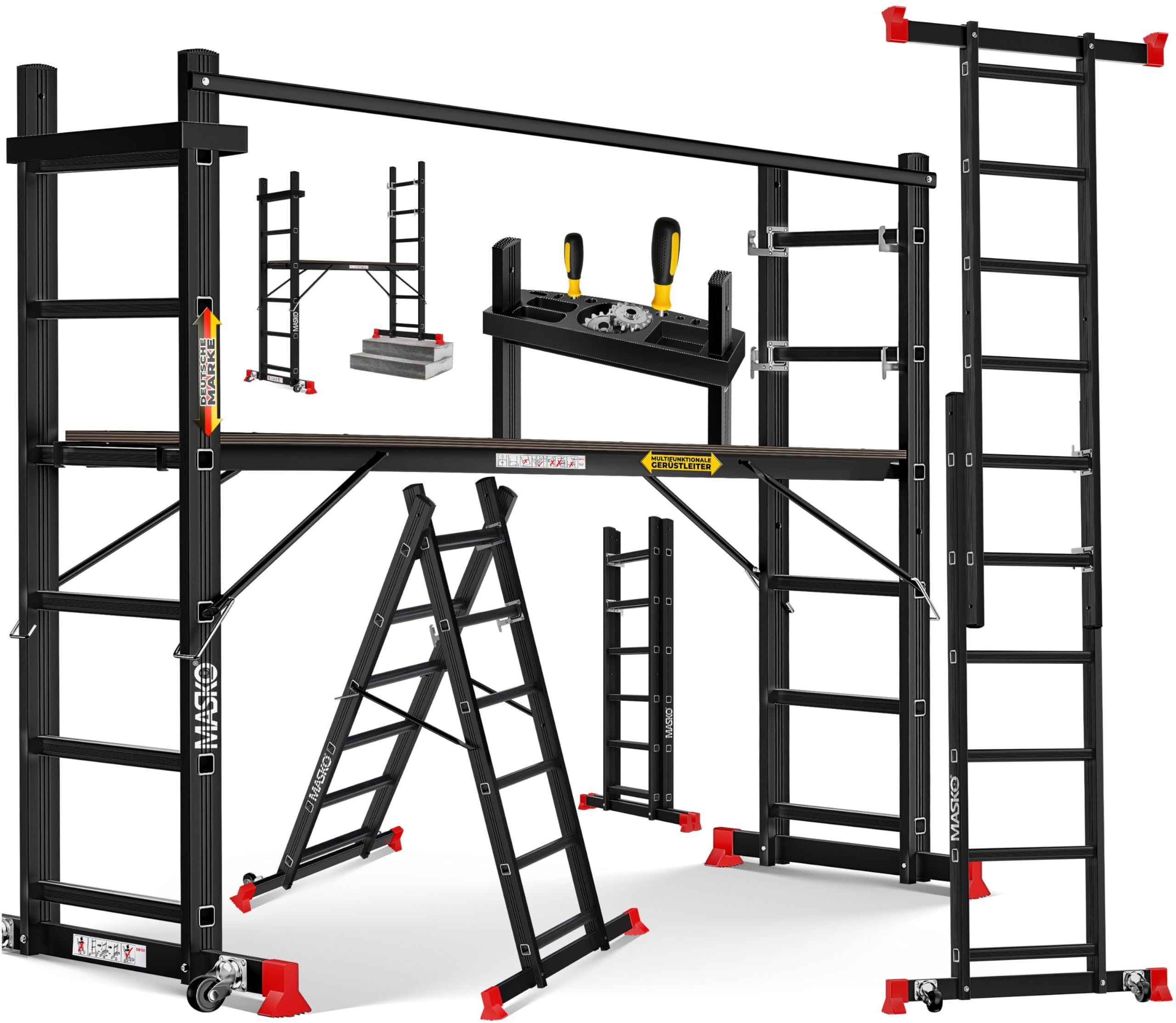 MASKO® Andamio, Andamio ✓ Aluminio ✓ Escalera ✓ Plataforma de Trabajo, Capacidad de Carga hasta 150 KG, Revestimiento Antideslizante, Escalera de andamio, Comprobado GS (EN 131), Negro