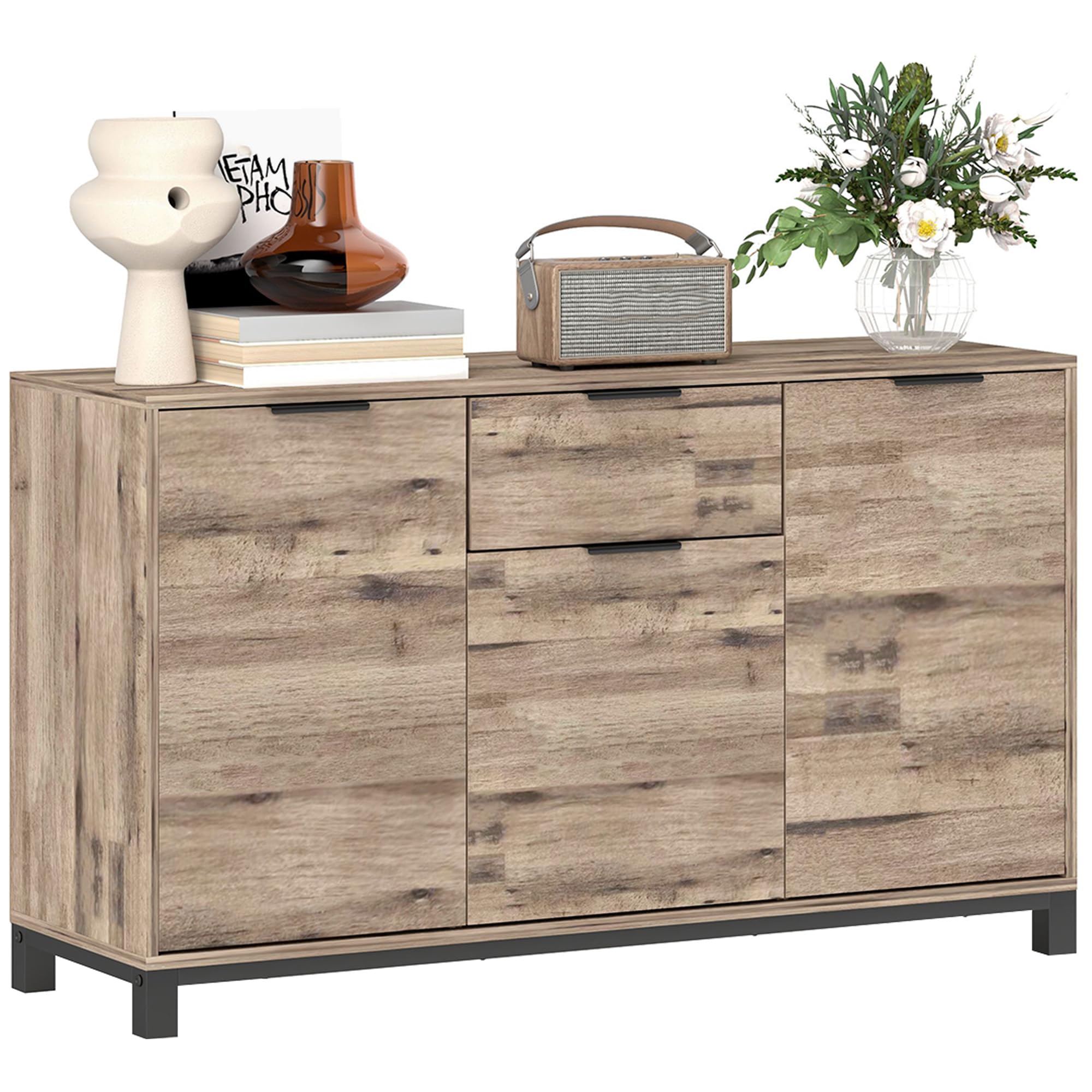 HOMCOM Mobile Soggiorno Madia, 3 Armadietti, 120x36.5x70 cm, Marrone | Credenza Soggiorno, Cassetto, Ripiani Regolabili, Gambe in Acciaio in Stile Industriale, Sala da Pranzo, Cucina