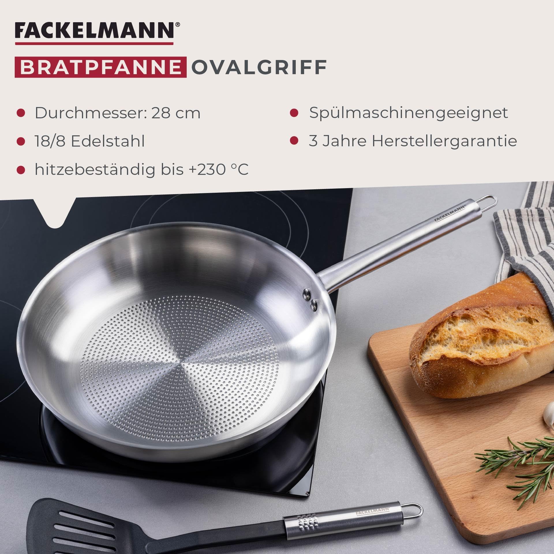 Fackelmann Patelnia owalna średnica 28 cm z Optymalnej jakości stali nierdzewnej – optymalna do ostrego przypiekania na wszystkich rodzajach kuchenek, również indukcyjnych