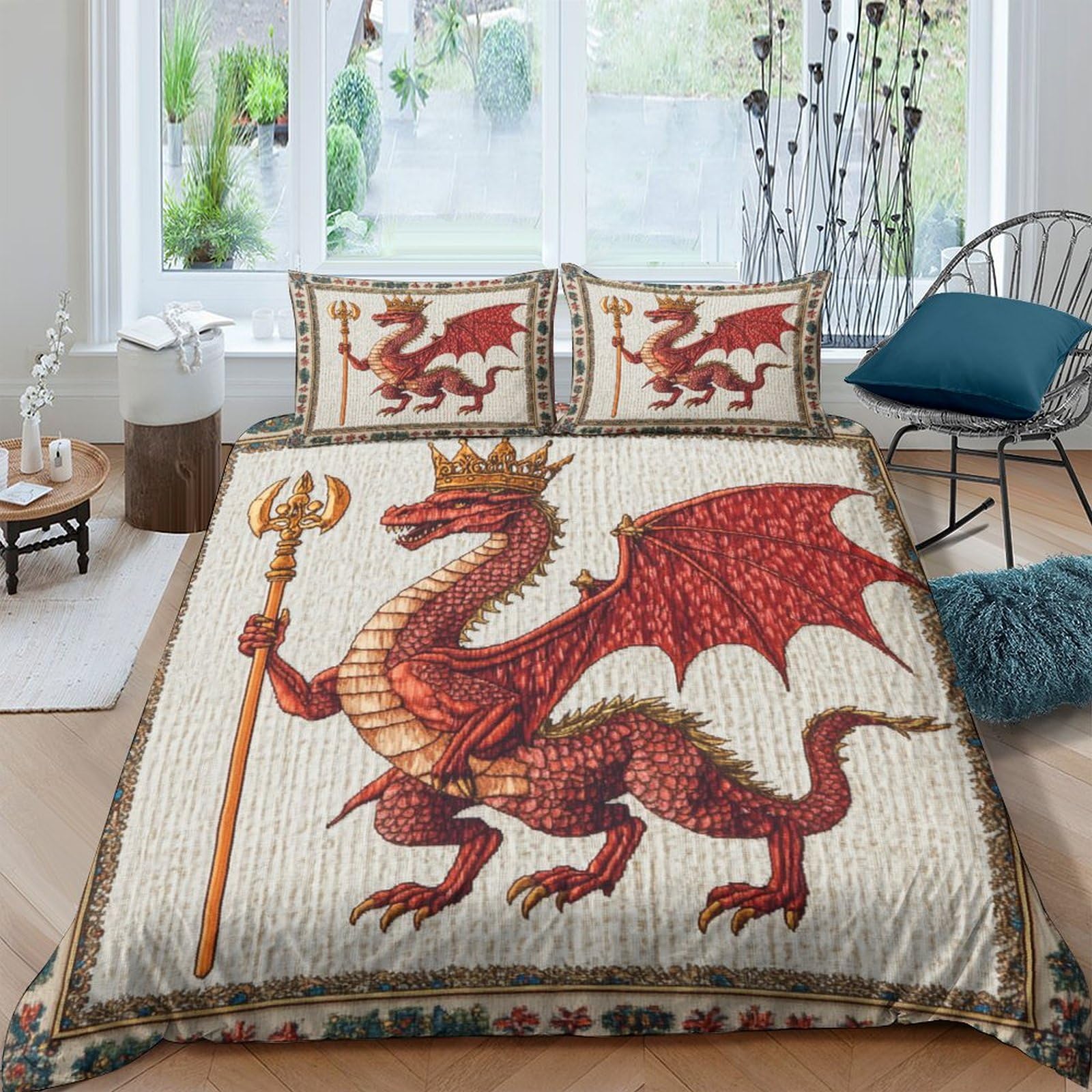 3D Medieval Style Duvet Cover Sets Red Welsh Dragon Bedding 3Pcs Comforter Cover Soft & Cosy Printed Microfibre Quilt Covers, with Pillowcase for Youth Teens Double（200x200cm）