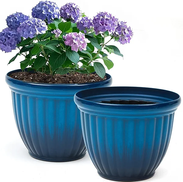 Ultym 15" Outdoor Large Flower Pots (Set of 2), Gradient Blue Plastic Planters with 3D Texture, Weather-Resistant for Garden, Patio, Porch or Indoor Use