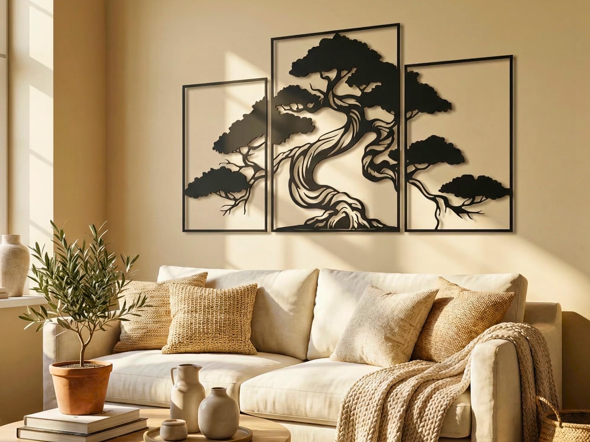 Vailla Tree Wall Art Set of 3 Decor Tree of Life Wall Hanging Wooden Sculpture Modern Wall Home Decoration 3D Textured Sculptures for Living Room Bedroom Office Dinnig Room (Tree of Life 7)