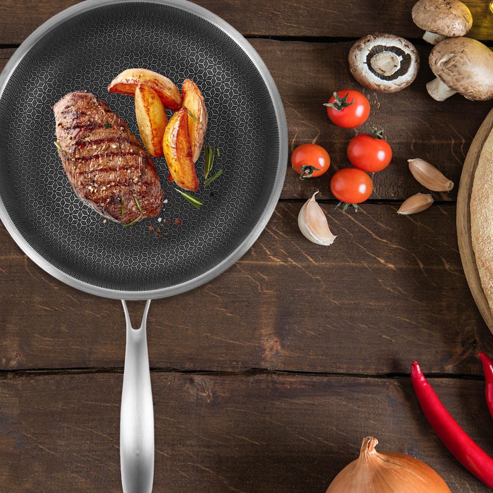 Wok Design Semplice e Lineare in Superficie a D'ape per Inossidabile e Antiaderente, Padella Portatile e Resistente Cucina Barbecue