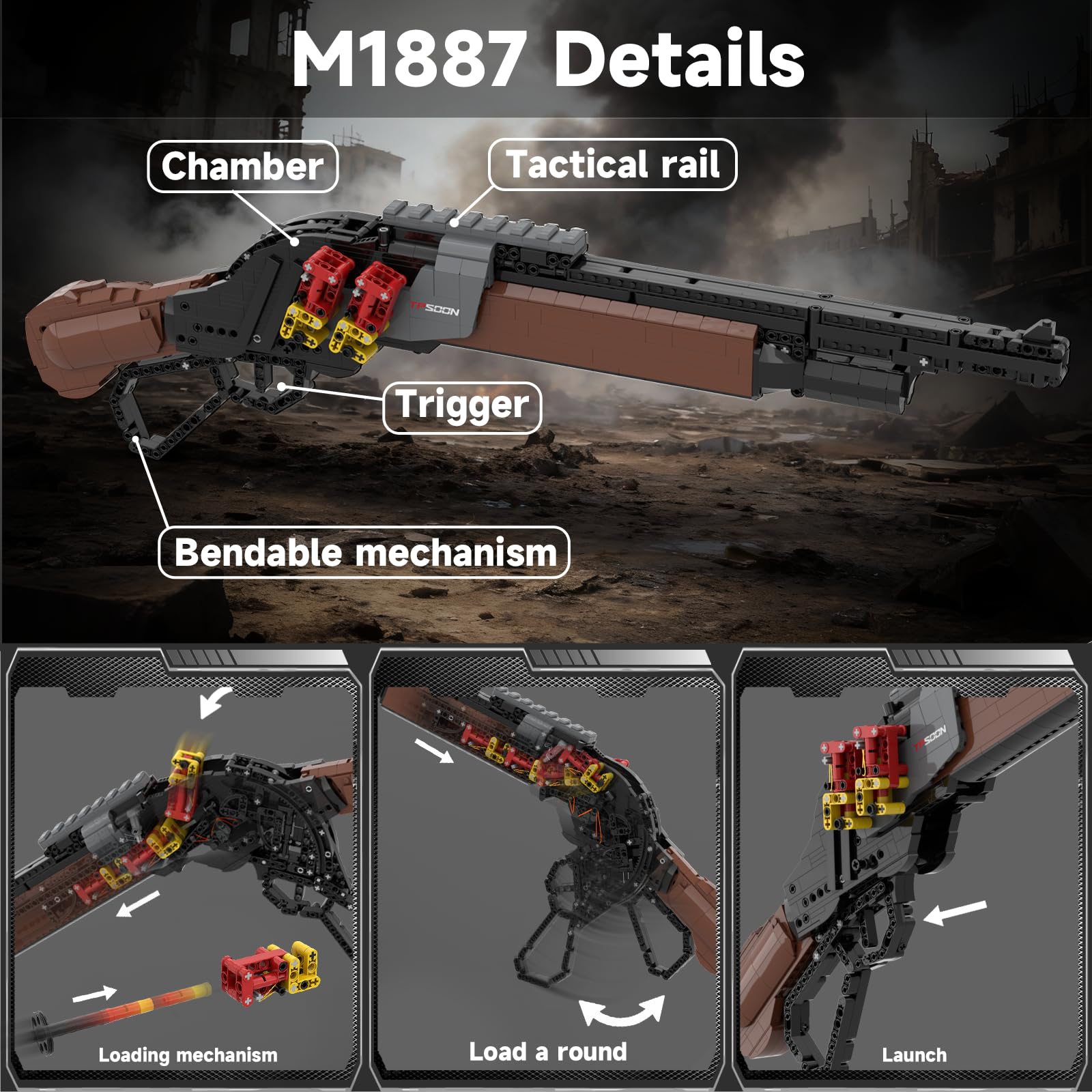 Sosuy M1887 Baustein Gewehr Set, 1:1 Waffenmodell Spielzeug für Kinder Männ | 1370Stk Schießbare Sturmgewehr Klemmbausteinel, Scharfschütze Pistole Bausatz Militärfans Geschenk für Erwachsene Jungen ab 8