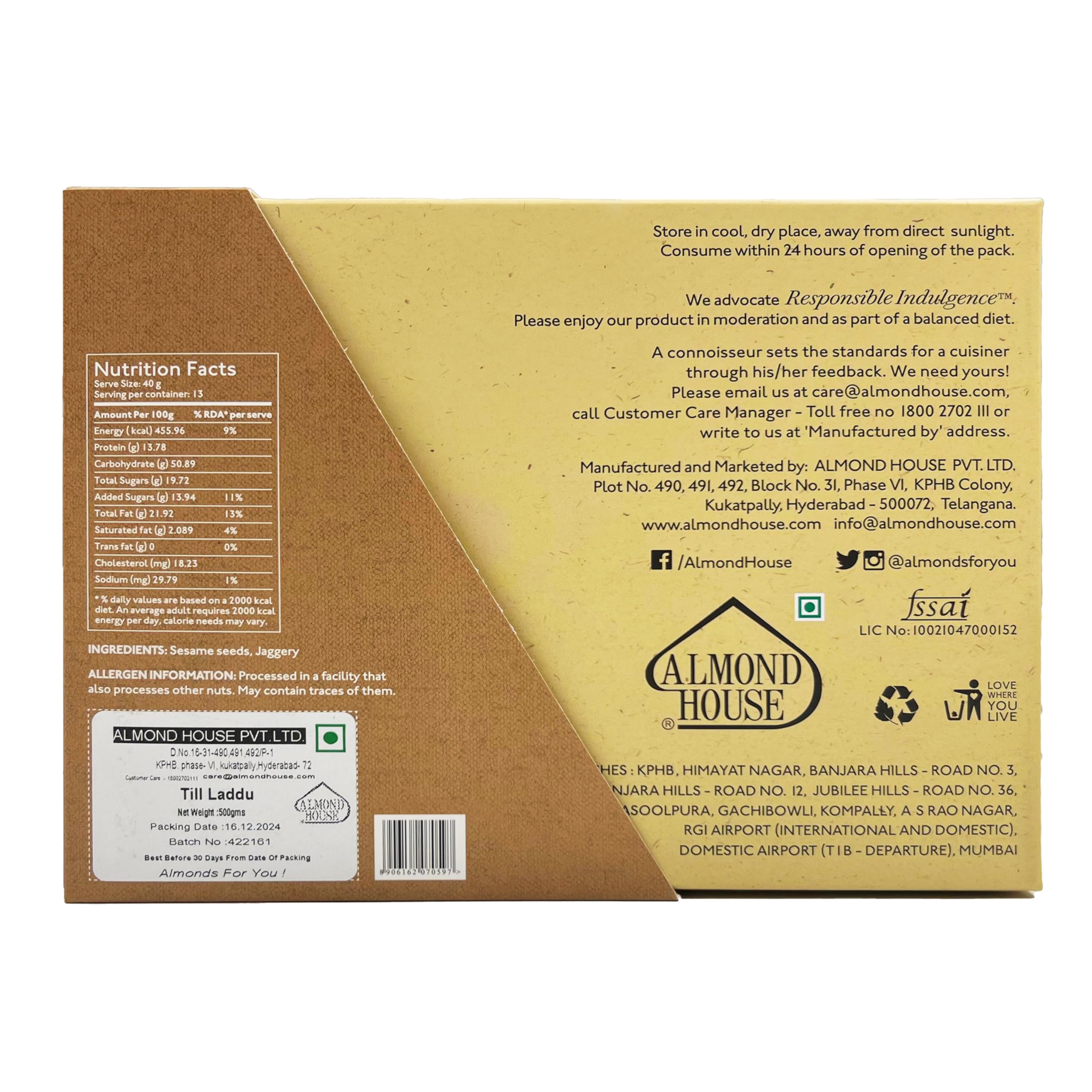 Almond House Till Laddu | Sesame Jaggery Laddu | Nutritious | Grandma's recipe | No Processed Sugar No Artificial Flavor & No added colours | Healthy Snack | Gluten Free | Perfect For Gifting | 250 gm