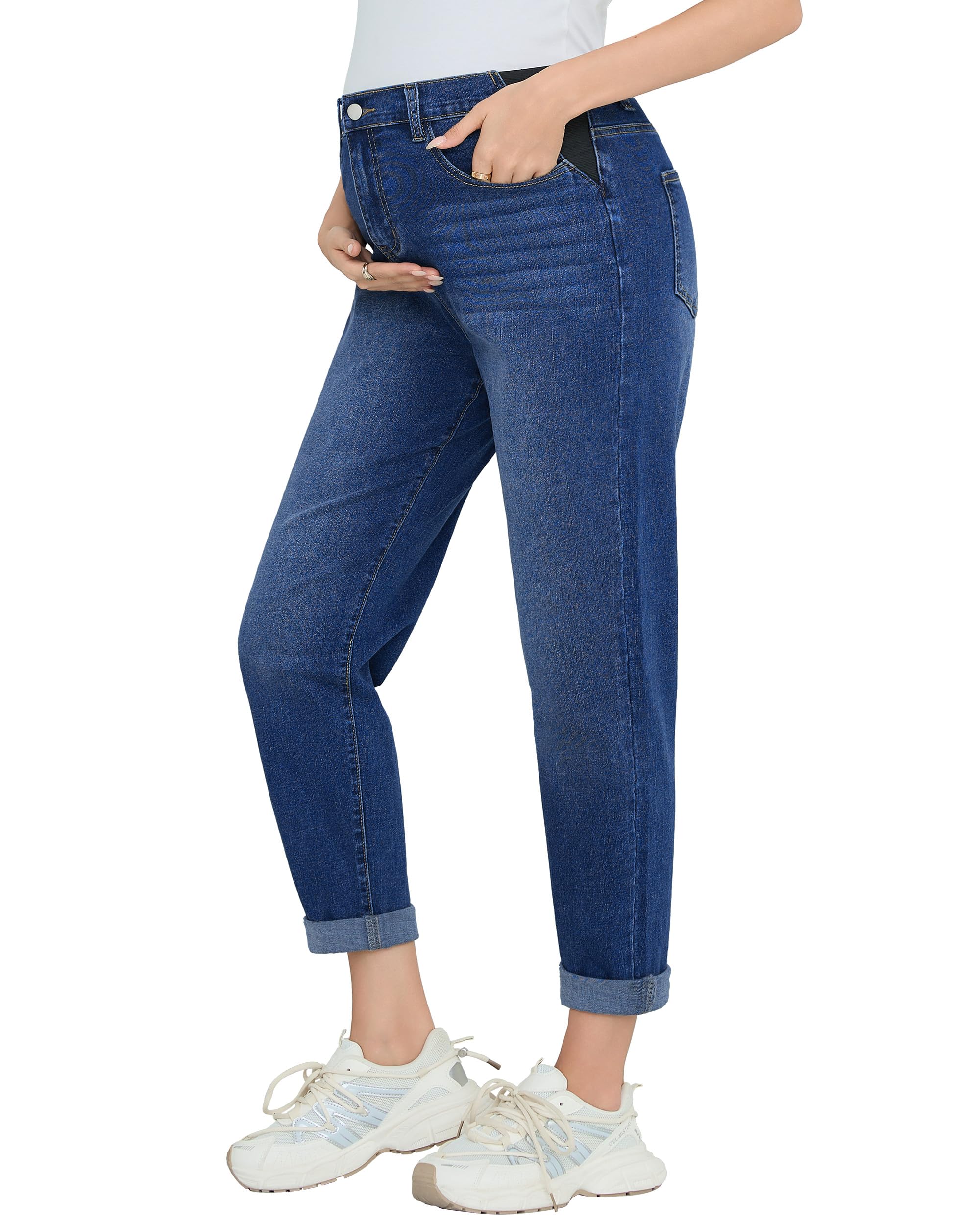 POSHGLAM Damen Umstands-Boyfriend-Jeans, Seitenteil, dehnbar, lässig, Denim-Hose mit 4 Taschen