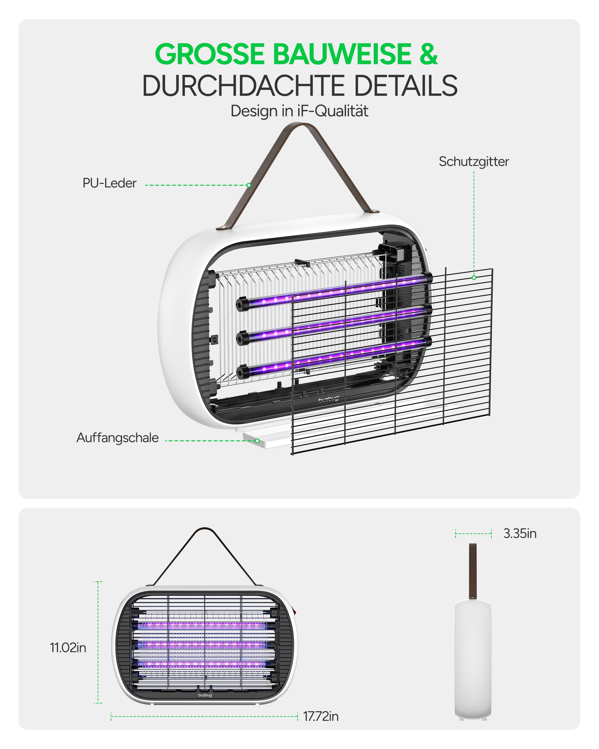 Buzbug LED Insektenvernichter Innen für große Räume, 3 effiziente Lampen bis 50.000 Std., Dual-Band-Anziehung, Hochspannung Fliegenfalle elektrisch & Mückenlampe, Insektenlampe, led Mückenfalle