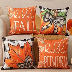 Fall Decorations Set Of 4 Double-Sided Print Fall Pillow Covers with 8 Cute Different Looks with Autumn Decor, Bright And Colorful, 20" x 20" Soft Linen Throw Pillow Covers for Outdoor & Indoor Use