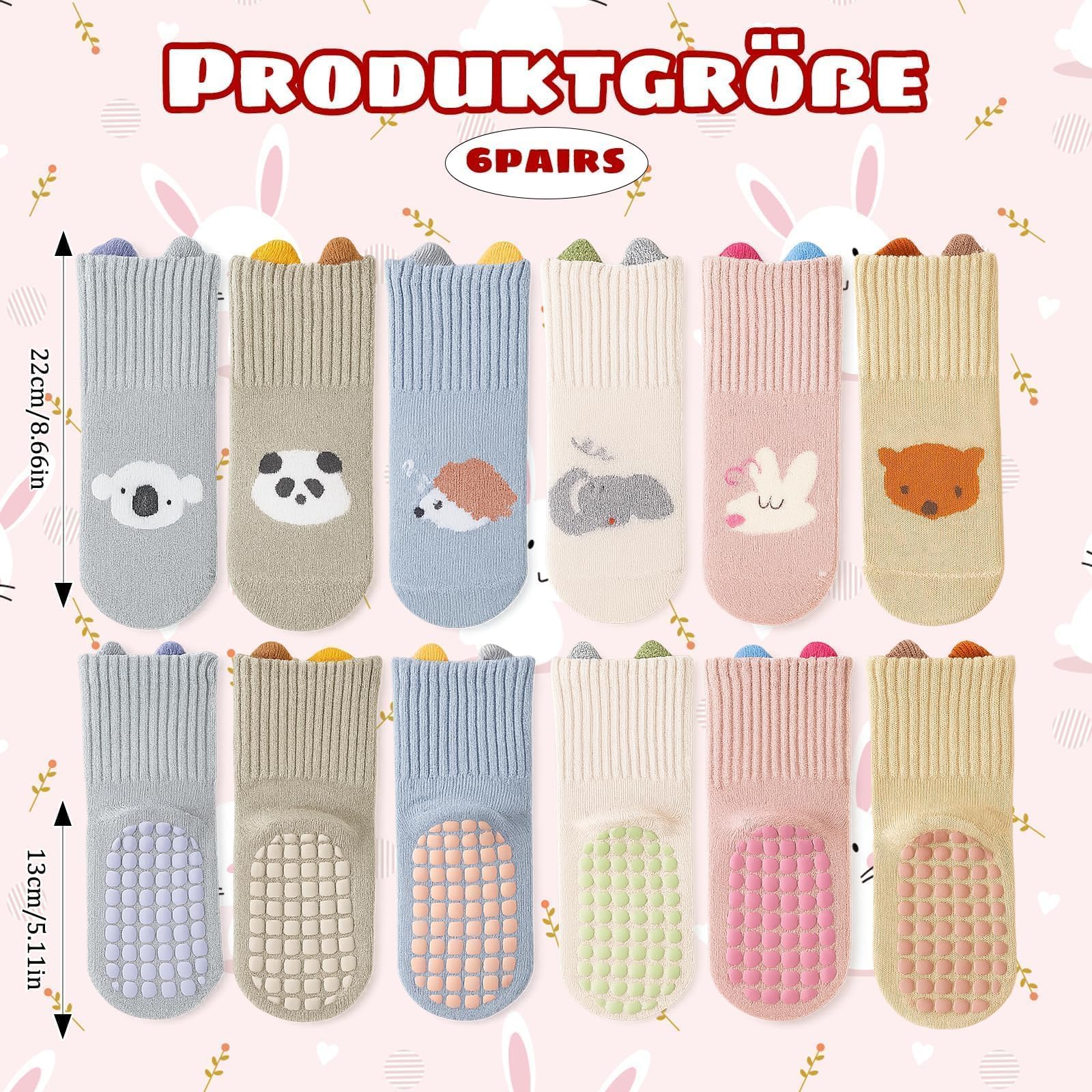 6 Paar Baby Socken 0-6 Monate, Weiche Baumwollsocken Anti Rutsch Socken Baby, Colours Lustige Socken mit Motiv, Antirutschsocken Baby mit Rutschfester Sohle, für Jungen Mädchen Kindersocken