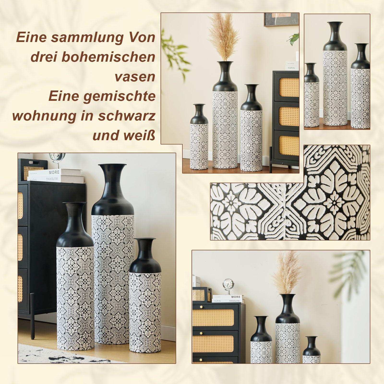 OCACA Juego de 3 jarrones de suelo de metal en blanco y negro – jarrones altos retro en 83/65/50 cm para hierba de las Pampas y flores secas – Elegante decoración de salón y pasillo en moderno diseño