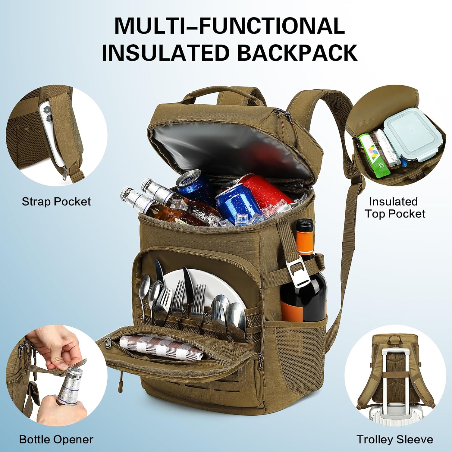 Tactical Insulated Cooler Backpack 40 Cans Double Deck Coolers Bag for Men Women Lightweight Leakproof Lunch Backpack with 2 Compartment Picnic Backpack for Work, Beach, Camping, Hiking