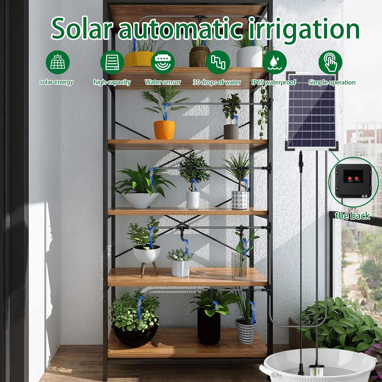 jardín por goteo sistema de riego solar, 5W automático solar por goteo Kit sistema de riego, dispositivo de riego de plantas en modo temporizador