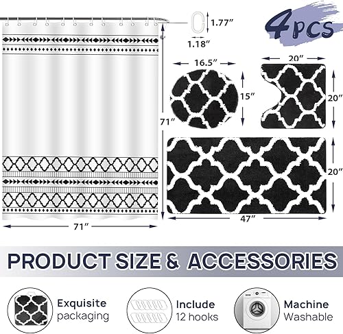Miniatura 2 de Juego de 4 alfombras de baño negras con cortina de ducha, ultra suaves, absorbentes y antideslizantes, para suelo de baño, bañera y ducha, lavable a