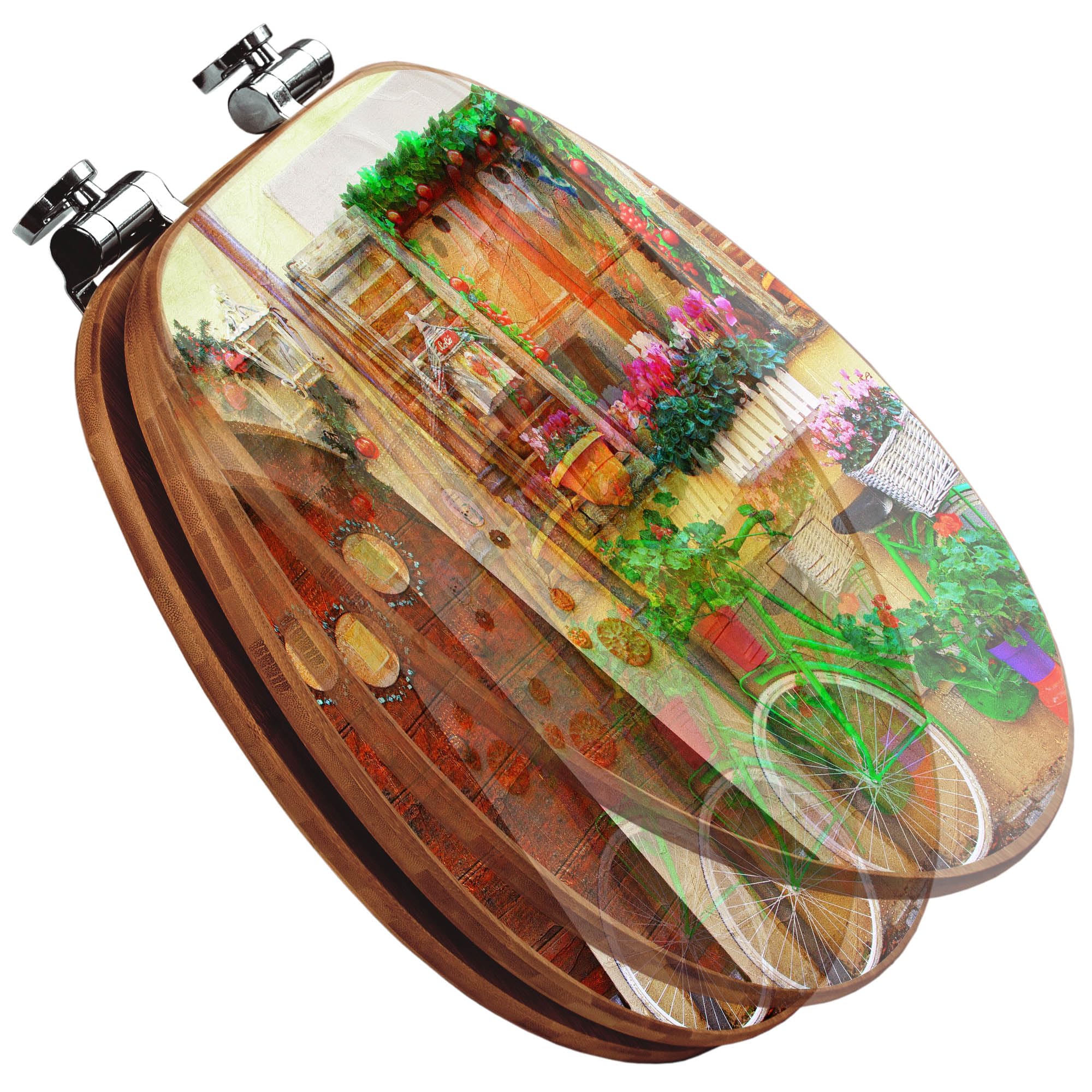 banjado Design WC Sitz Bambus Absenkautomatik 45,8x37,5cm - Toilettendeckel mit Absenkautomatik Holz - hochwertiger Bambus Klodeckel - WC-Sitz für gängigen Toiletten - Motiv Grünes Fahrrad