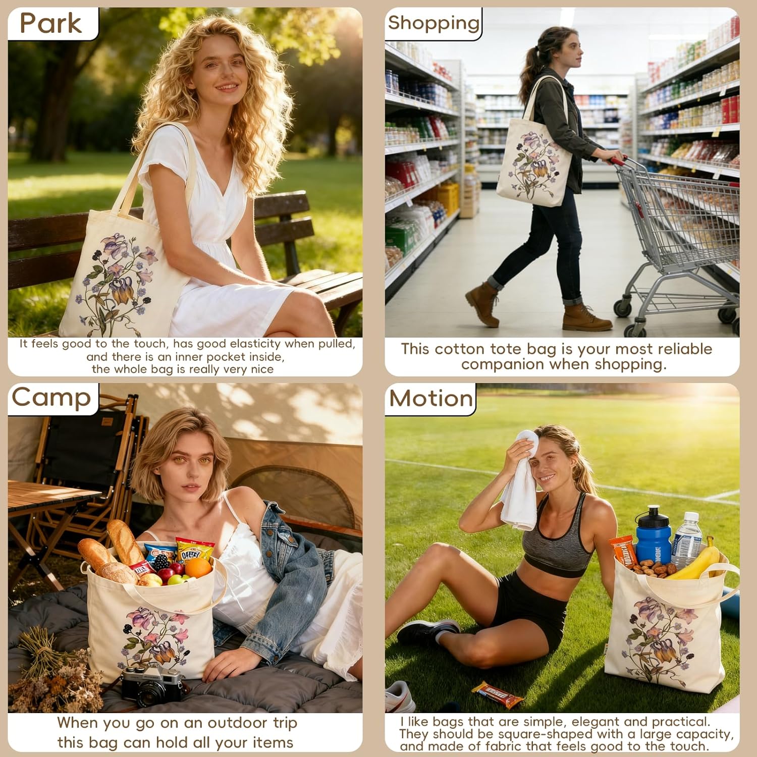 Canvas Tote Bag with Zipper Pockets Cute Natural Life Gifts Grocery Bags, Reusable Bag for Girls Mom Teacher - Image 2