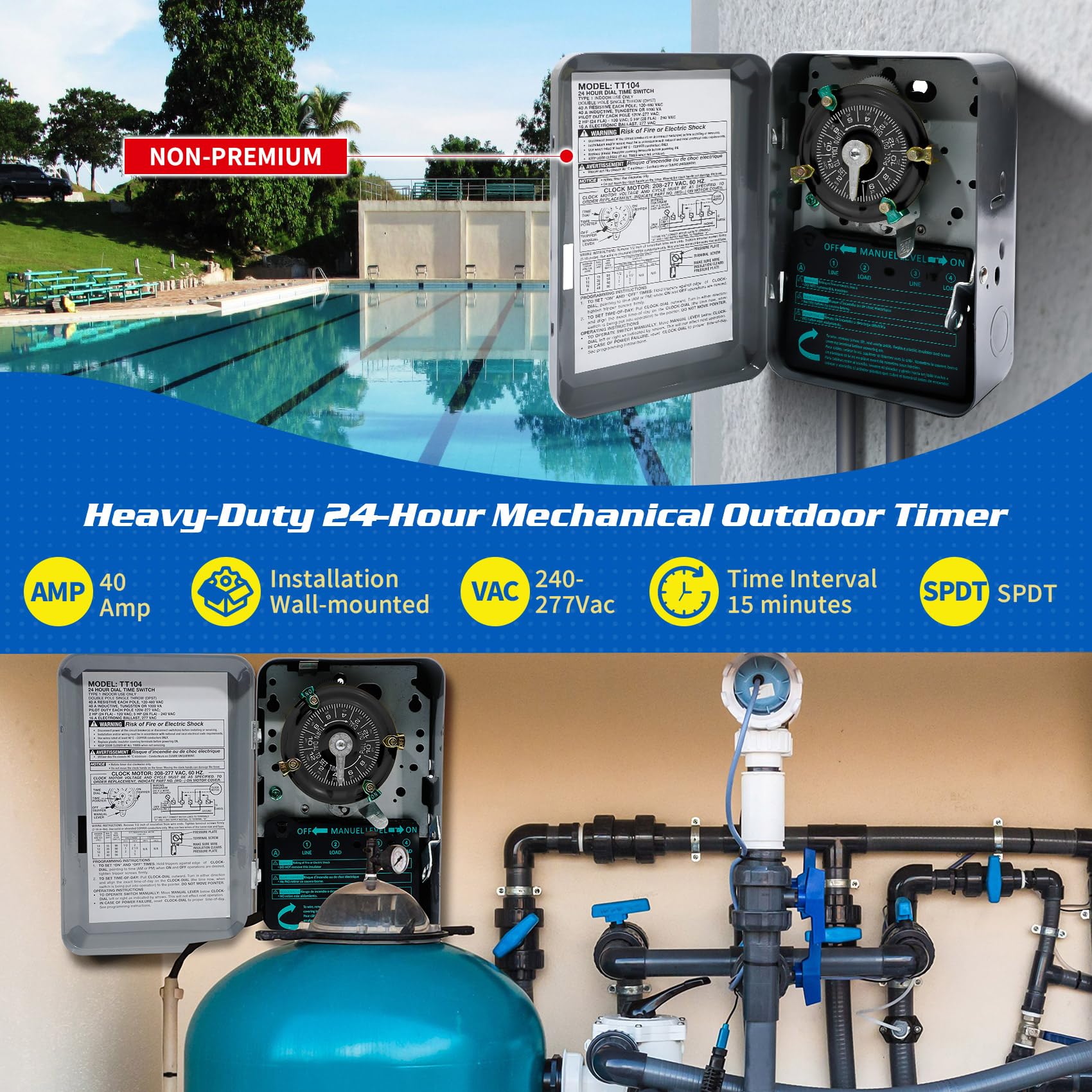 T104M Mechanischer Zeitschalter-Mechanismus, 208–277 VAC, 5 PS, 40 A DPST-Zeitschaltuhr, robuster elektromechanischer Außen-Timer, 24 Stunden 12 Ein/Aus