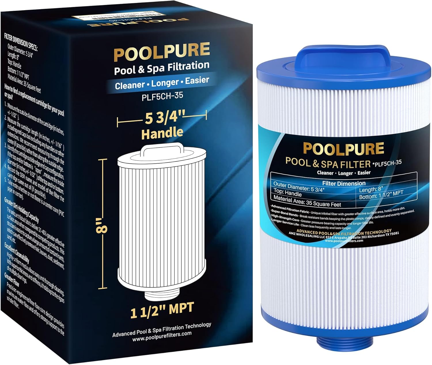 POOLPURE Replacement Filter for PMAX50P4, Unicel 5CH-35,Filbur FC-0300, Baleen AK-90109, Excel Filters XLS-526, Darlly 50353, Pure N Clean PC-0300, SD-00780, SD-00650 Filter Cartridge (1 1/2" MPT)