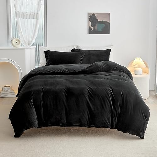 Miniatura 2 de Juego de funda de edredón de franela de terciopelo tamaño individual, 3 piezas, ultra suave, mullido, cálido, de lujo, negro, funda de edredón