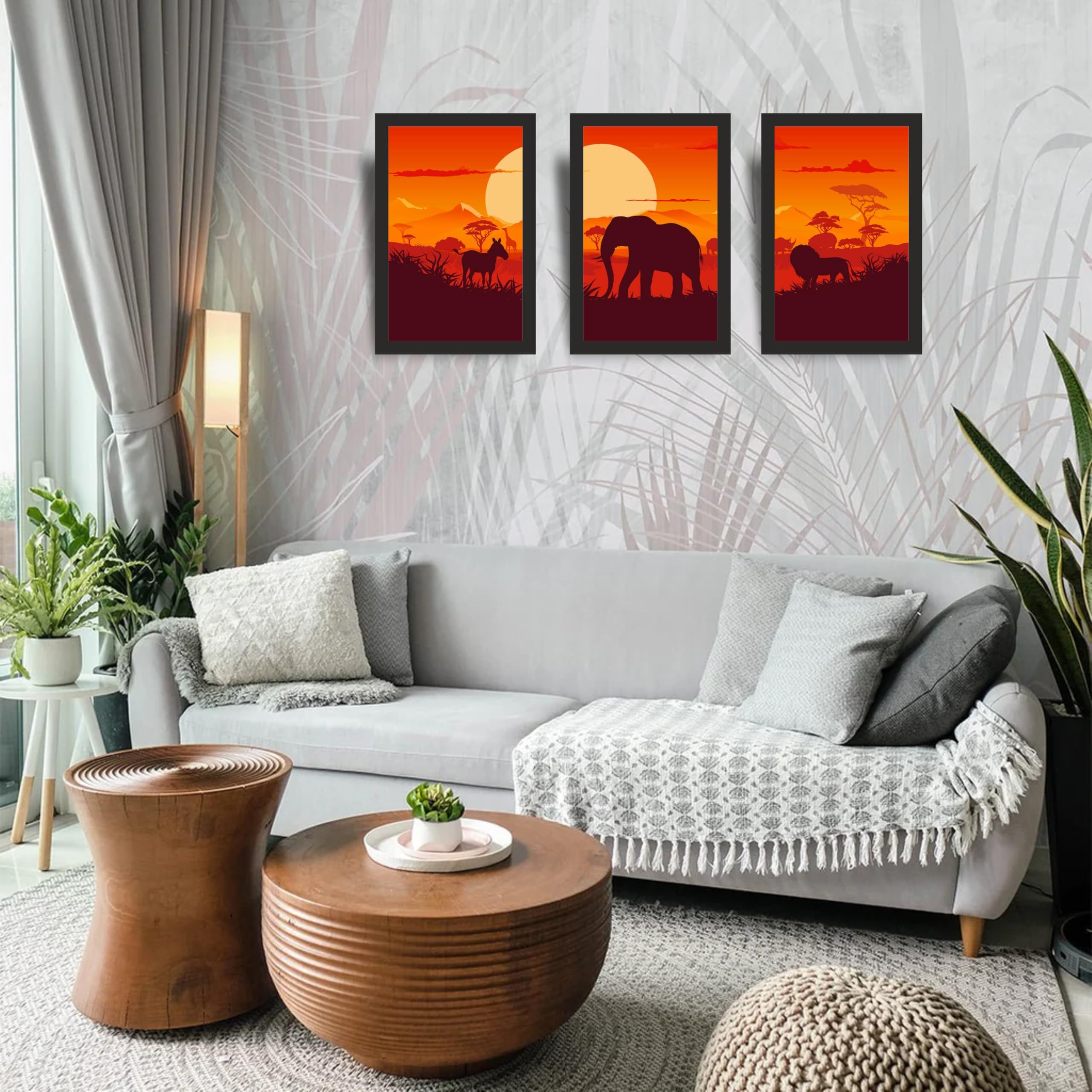 African Sunset Wildlife Wall Art Set of 3
