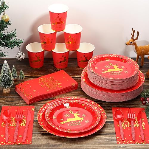 Miniatura 5 de Juego de 175 platos y servilletas de papel de Feliz Navidad, vajilla desechable para fiesta de Navidad, puntos de aluminio, platos de Navidad,