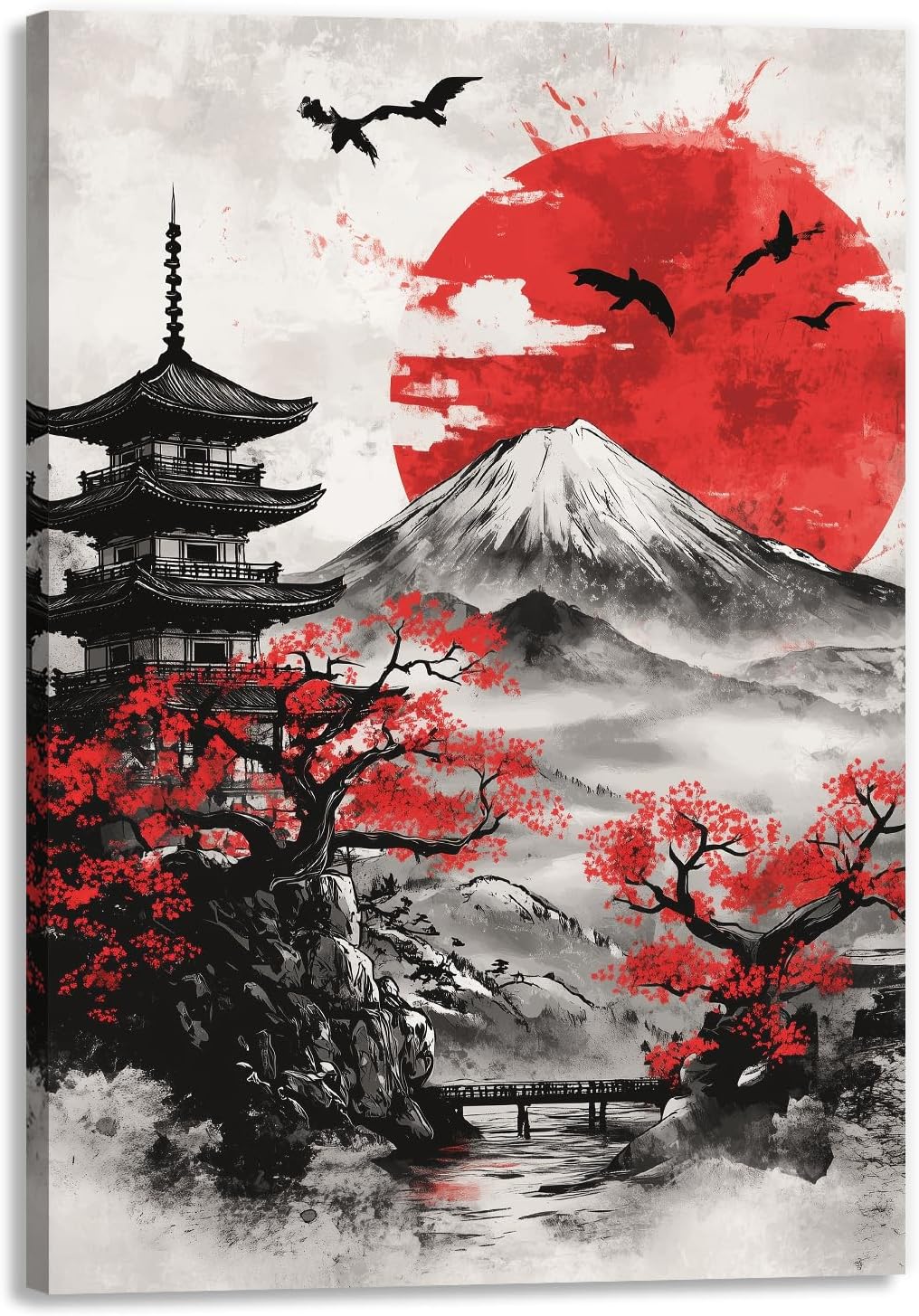 GLOKAKA Japanese Wall Art Mount Fuji With Moon Pictures Wall Decor Cherry Blossom Temple Canvas Print Japan Traditional Artwork for Living Room Bedroom Decor(Artwork-1,12"x18")