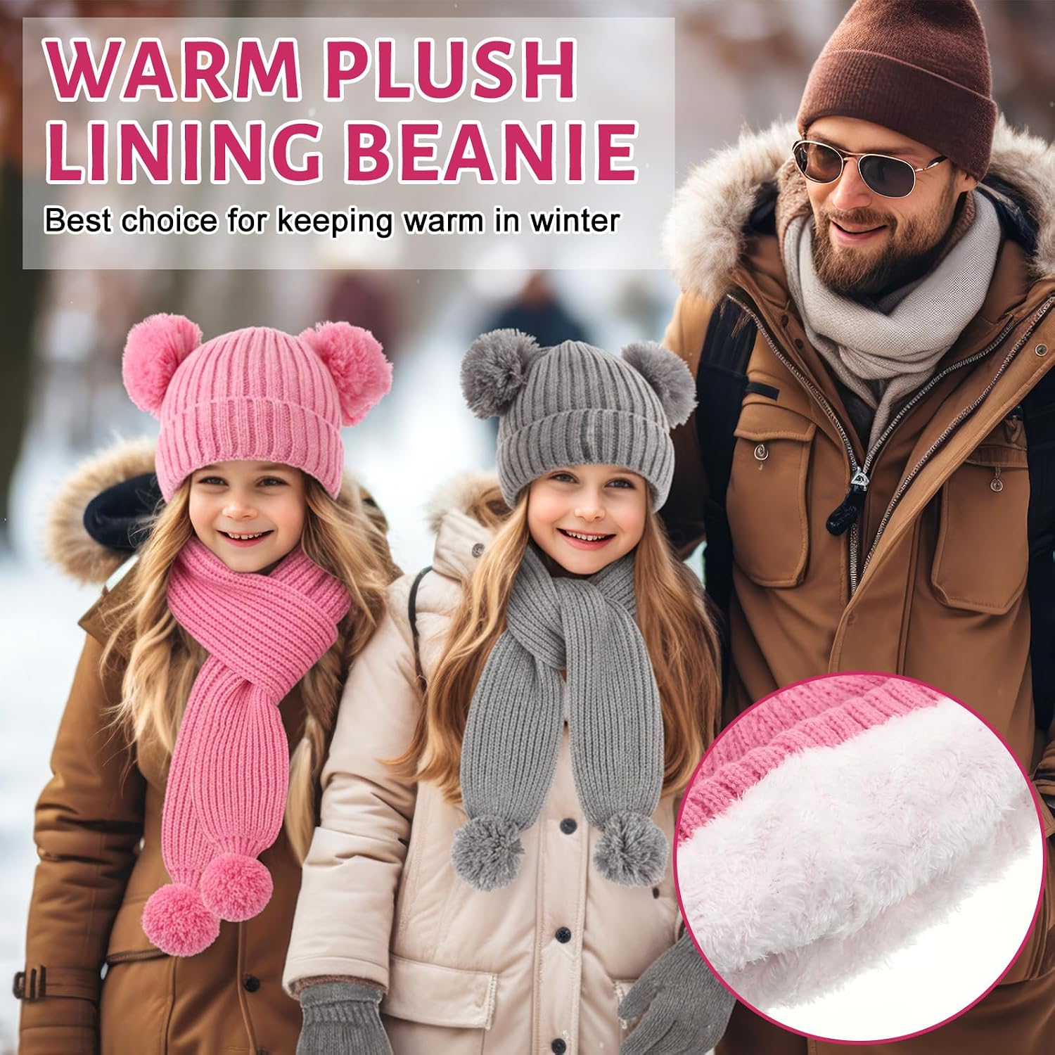 18 Pcs Kids Hat Gloves Scarf Winter Set, 6 Color for 5-10 Girl Boy Knit Beanie with Pom Fleece Neck Warmer Mittens
