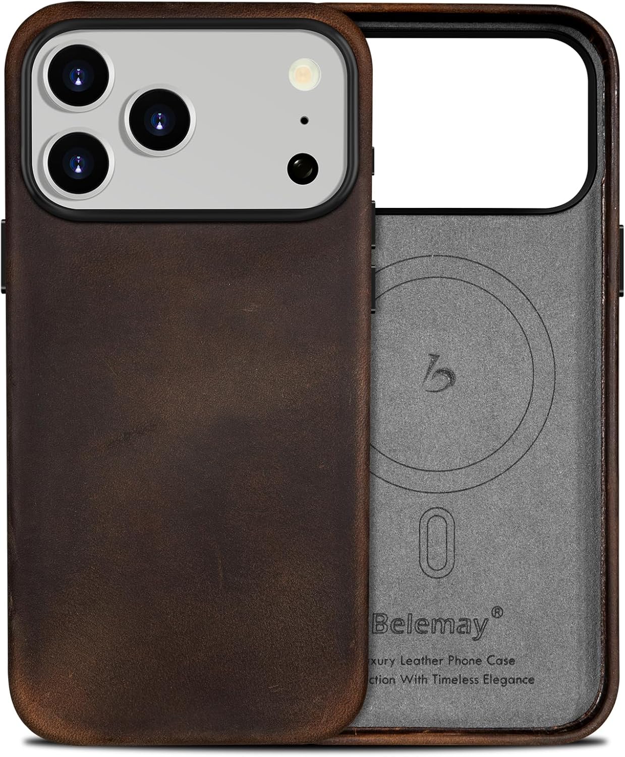 Belemay Handcrafted Crazy Horse Leather Case for iPhone 17 Pro Max, Compatible with MagSafe, Vintage Aesthetic, Two-Tone Effect, Unique Patina, Camera Control Button Coverage (6.9"), Rustic Brown