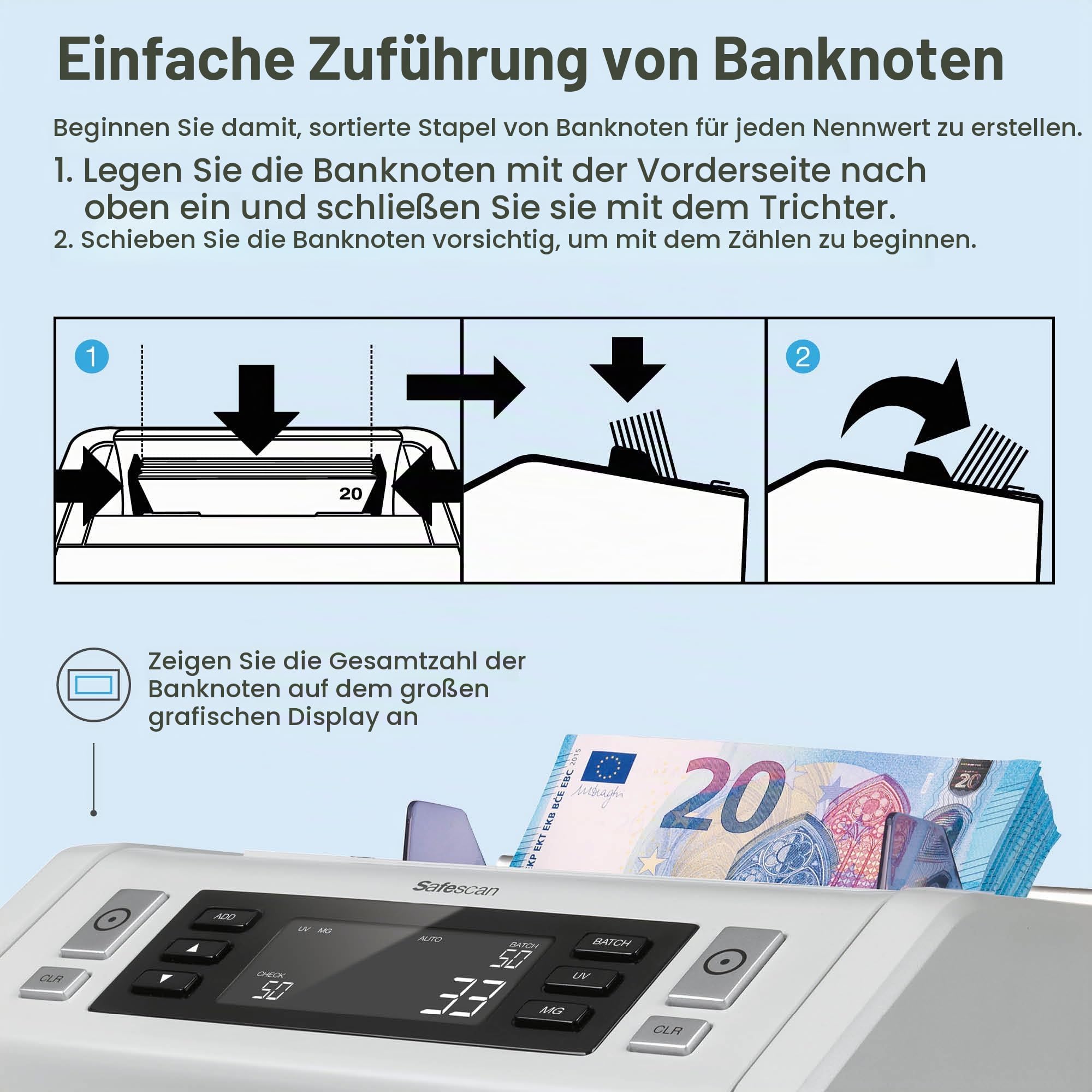 Safescan 2210 Geldzählmaschine, zählt sortierte Banknoten - Banknotenzähler mit 2-facher Echtheitsprüfung - zählt sortierte Banknoten aller Währungen