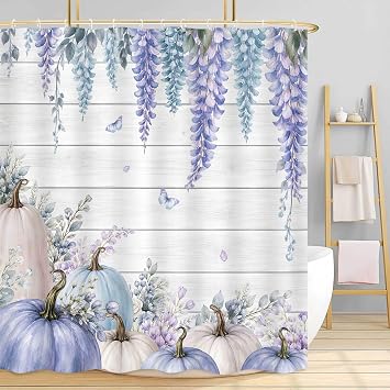 Fall Watercolor Pumpkin Shower Curtain, Blue Purple Pumpkins Autumn Thanksgiving Harvest Shower Curtain for Bathroom Decor, Waterproof Cloth Fabric Polyester Bath Curtain with Hooks, 72x72 Inch