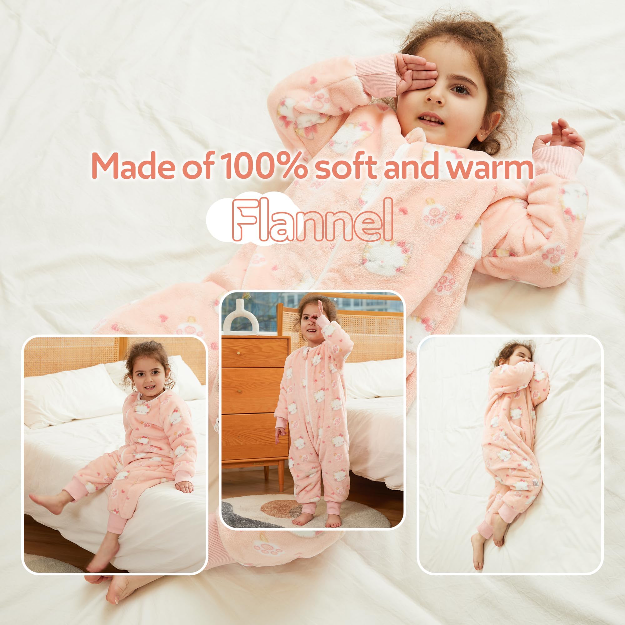 COOKY.D Unisex Baby Girls Boys Flannel Long Sleeve Sleeping Blanket with Feet Toddler Triple Zipper Cartoon Sleeping Bags,Pink Cat 2-3 Years - Image 2