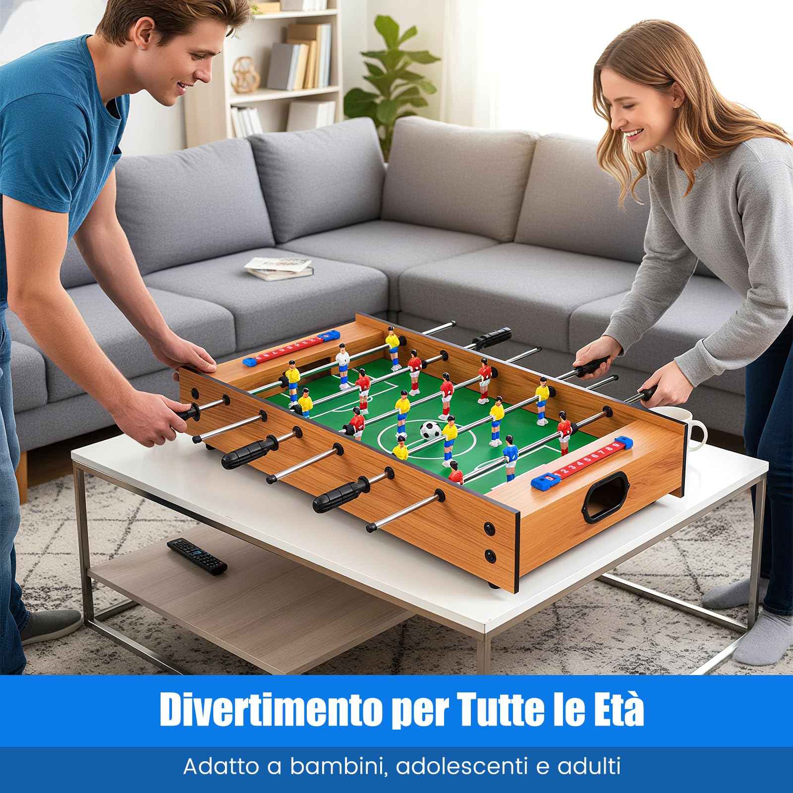 COSTWAY 2 in 1 Calcio Balilla in Legno, Calcetto da Tavolo e Hockey da Tavolo con 6 Aste, con 2 Segnapunti, Biliardino per Bambini e Adulti da Casa, 69 x 36 x 10 cm