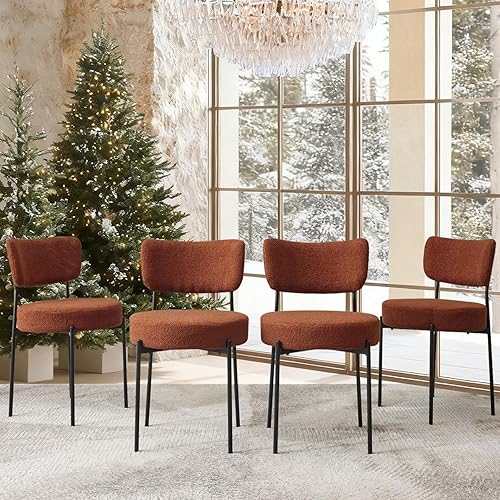 Miniatura 2 de Juego de 2 sillas de comedor marrón con cojín de 3.7 pulgadas de grosor, sillas de comedor Boucle con respaldo curvado y patas de metal, sillas de