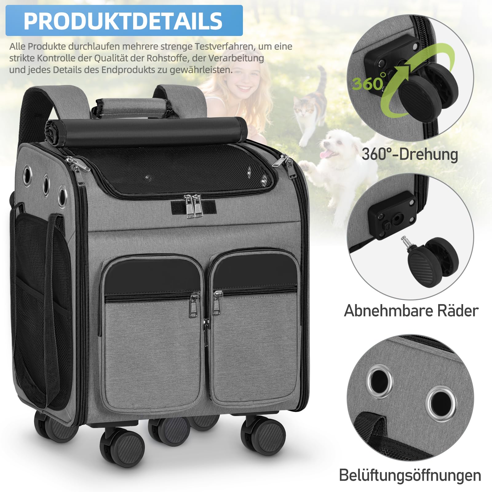 OUUTMEE Con trolley 2 in 1 fino a 20 kg, grande borsa per gatti con ruote, zaino multifunzionale, traspirante, grigio