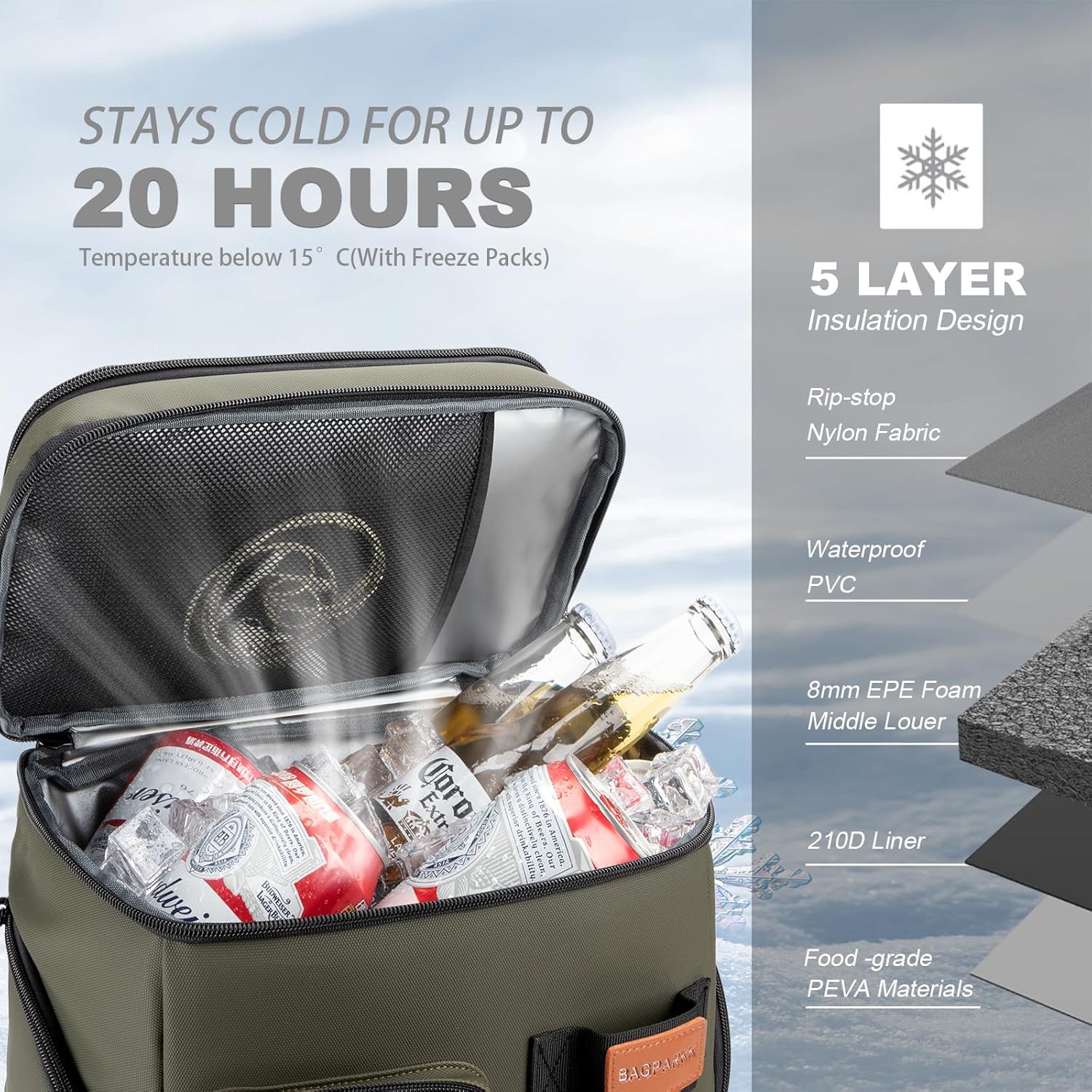 Insulated Cooler Backpack,33/45 Cans Multifunctional Double Deck Leakproof Cooler Bag with Sternum Strap,Large Capacity Lightweight Travel Camping Beach Backpack - Image 2