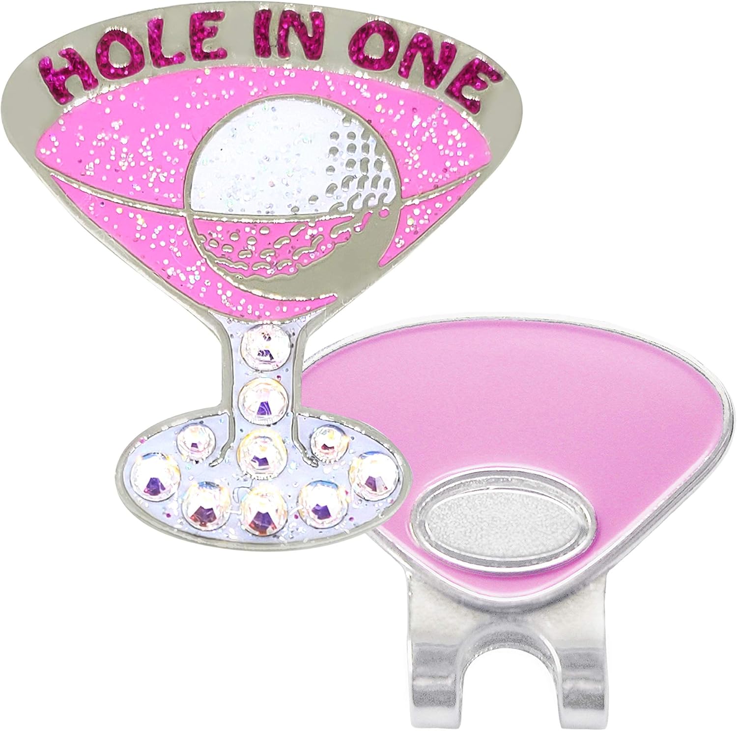 Navika Pink Cosmo Hole in One Crystal Golf Ball Marker with Magnetic Hat Clip | Drink Ball Marker for Women Golfers | Great Gift for Booze Themed Events | Hole in One Accessory