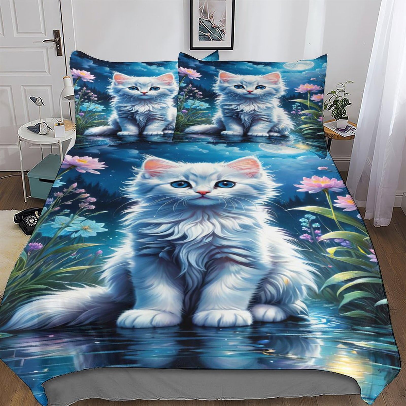 LLXXHH Cat Duvet Cover Set 3D Bedding Set Microfiber Comforter Cover 3pcs with Pillow Shams, Soft Quilt Covers for Kids Adult Double (200x200cm)