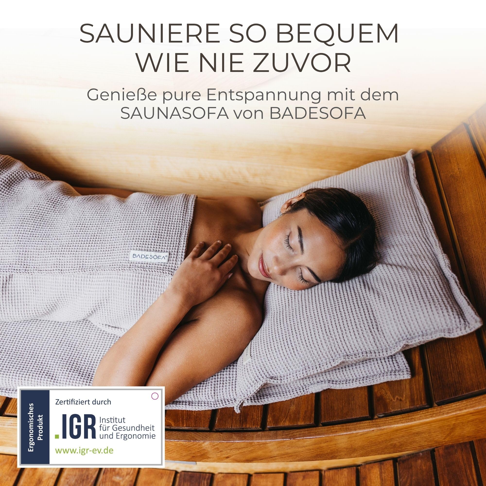 SAUNASOFA Set Long – Saunamatte zum Liegen mit Kissen – Sauna-Auflage für Infrarot & klassische Sauna – Schadstofffrei, waschbar & handgefertigt in Europa – Sauna-Set in Grau