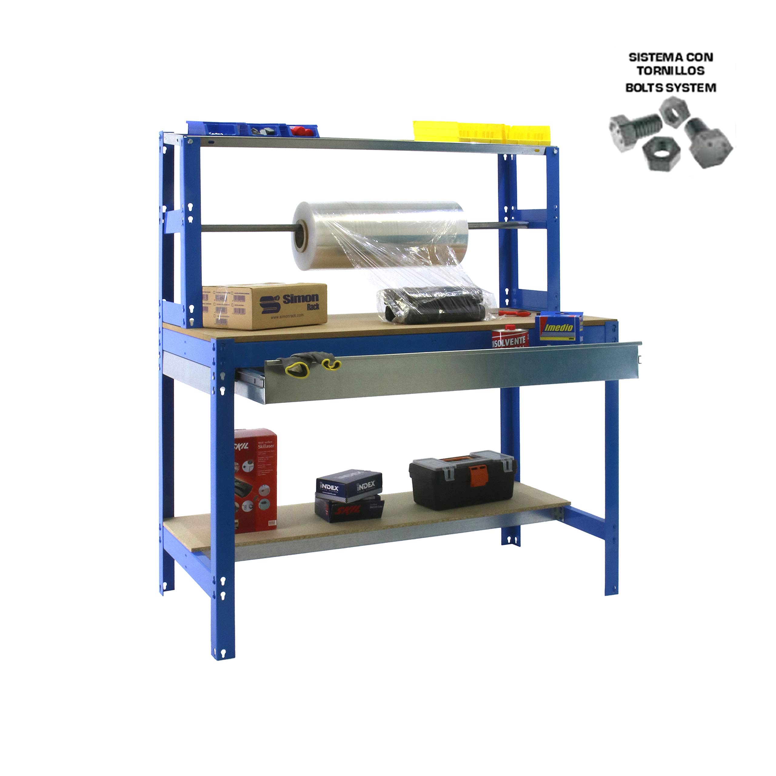 Simon Rack Banco de Trabajo con Porta Rollo y cajón 1210x760 mm - BT4 | Tablero madera 16 mm, Capacidad Carga 600 kg, Azul , Pintura anticorrosión, Montaje sistema clic