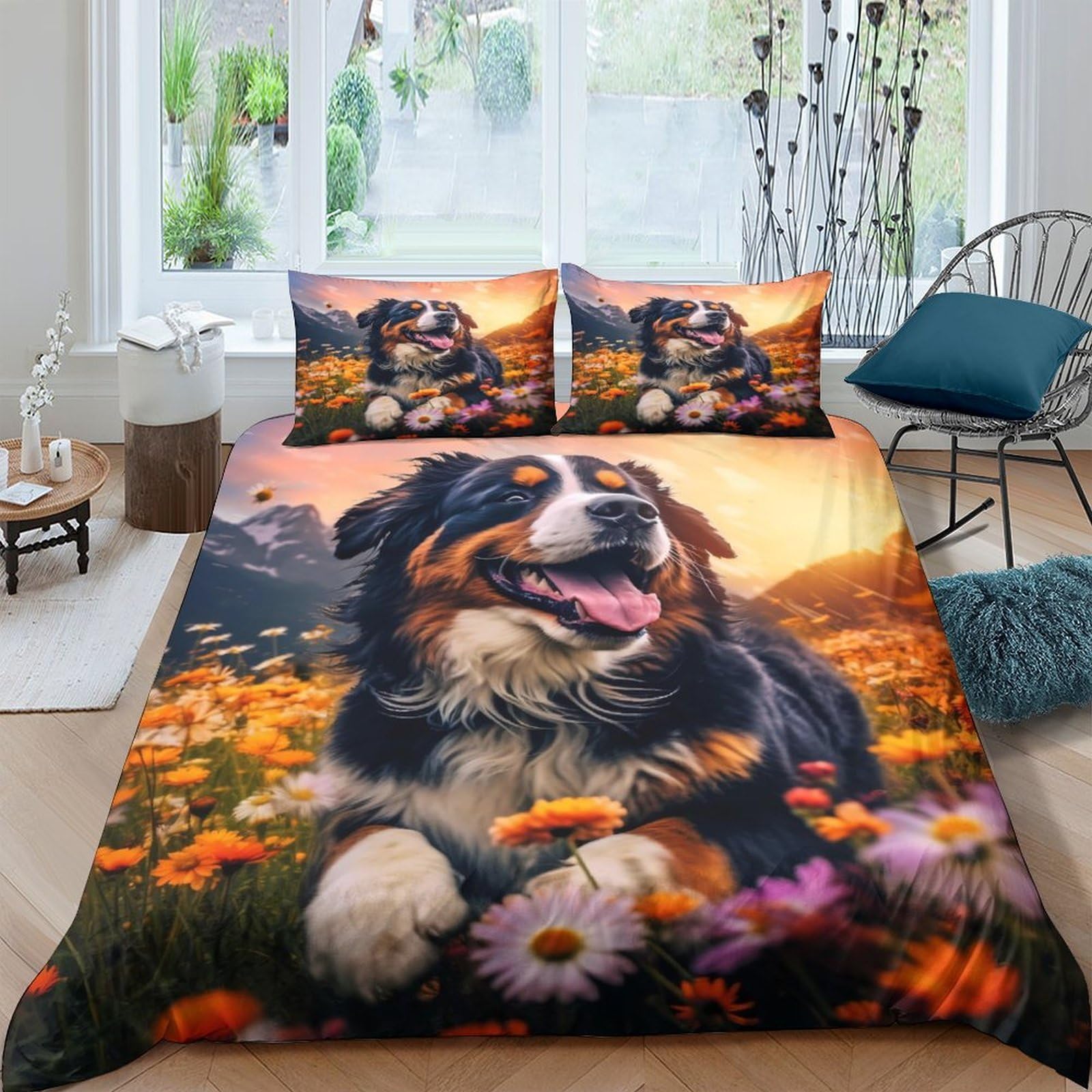 Ctjqhvkz Style-10 3D Printed Bernese Mountain Dog Fitted Sheet Microfiber Floral Meadow Bed Cover Anti-Slip Machine Washable Bedroom Decor Single（135X200cm）