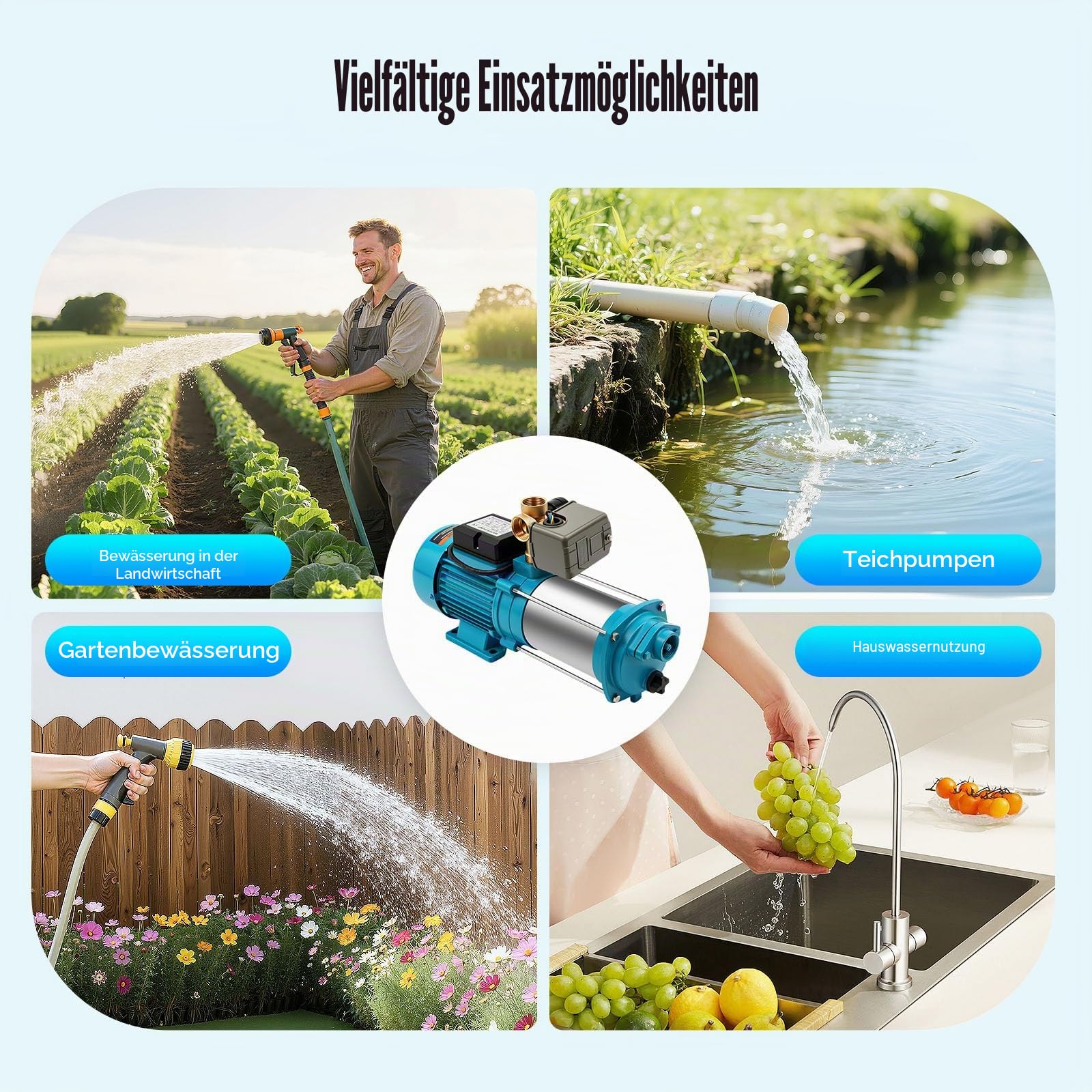 Edelstahl Kreiselpumpe 1300W 4000L/h, Selbstansaugende Gartenpumpe mit 98M Förderhöhe, Hauswasserwerk mit Druckschalter, Gartenbewässerungspumpe für Haushalt und Landwirtschaft