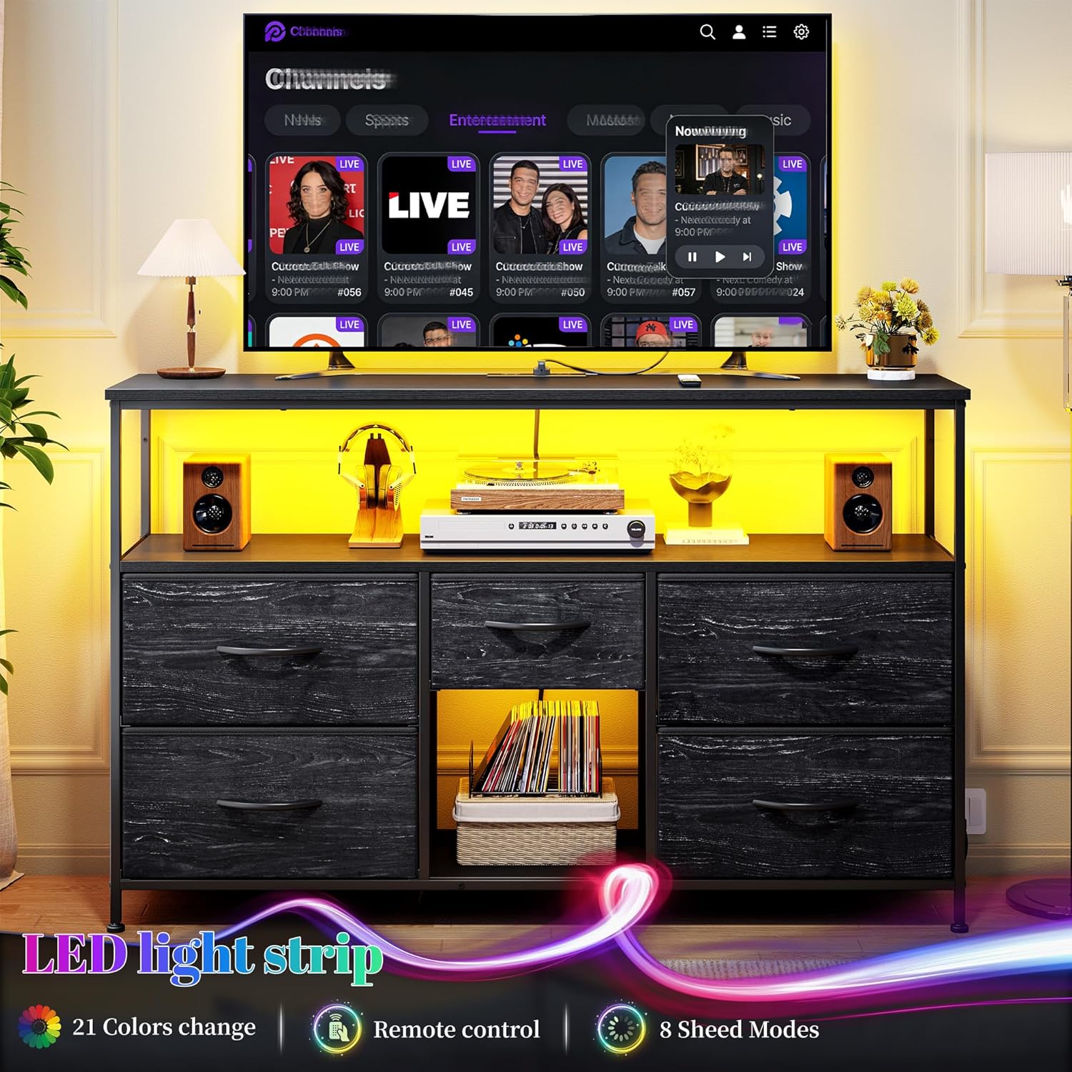 Dresser TV Stand for 50" TV with Power Outlets & LED Light, Entertainment Center with Storage 5 Fabric Drawers Dressers TV Stand for Bedroom, Living Room, Grain Black