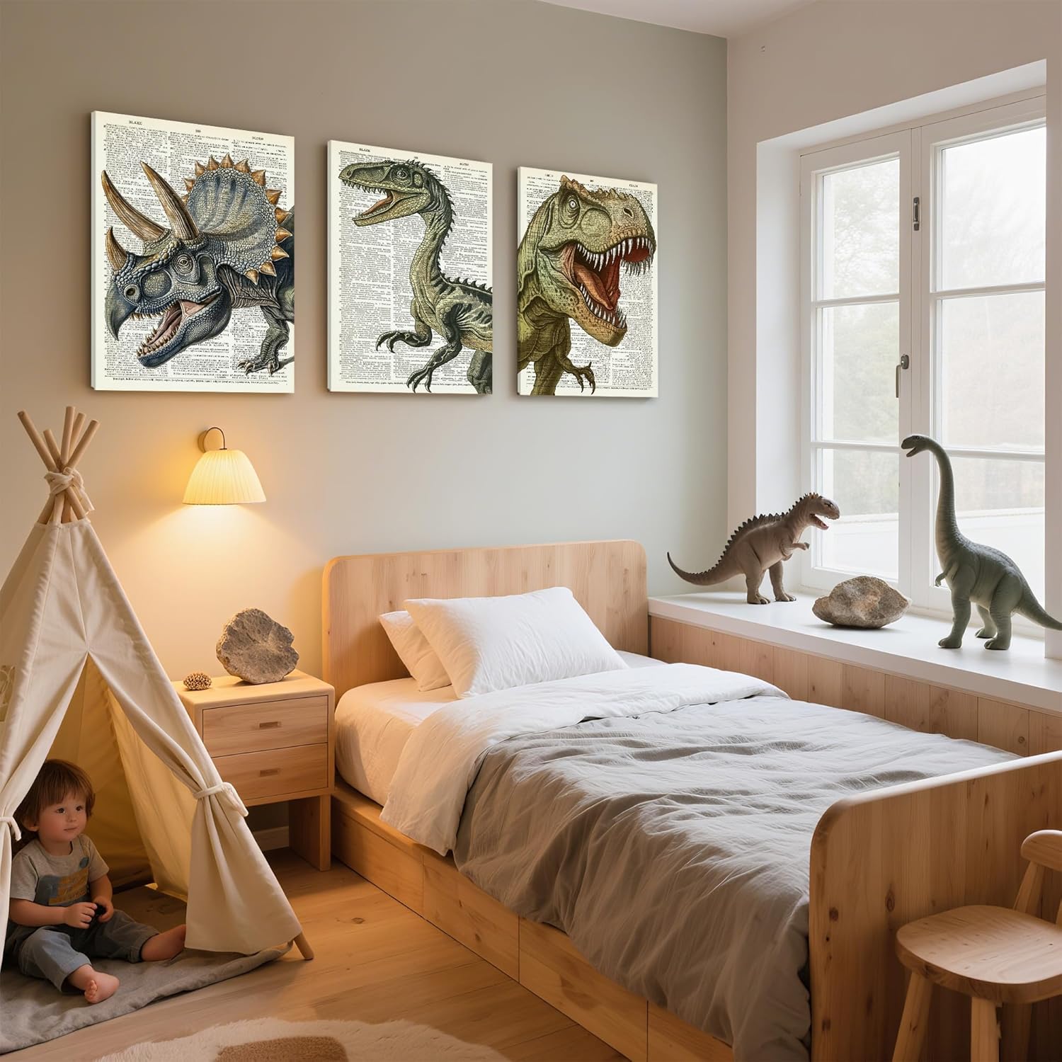 Ovczax 3 Pieces Dinosaur Canvas Wall Art - Tyrannosaurus Rex, Triceratops, Velociraptor Decor For Kids Room Game Room, Living Room, Bedroom 16" x 12"
