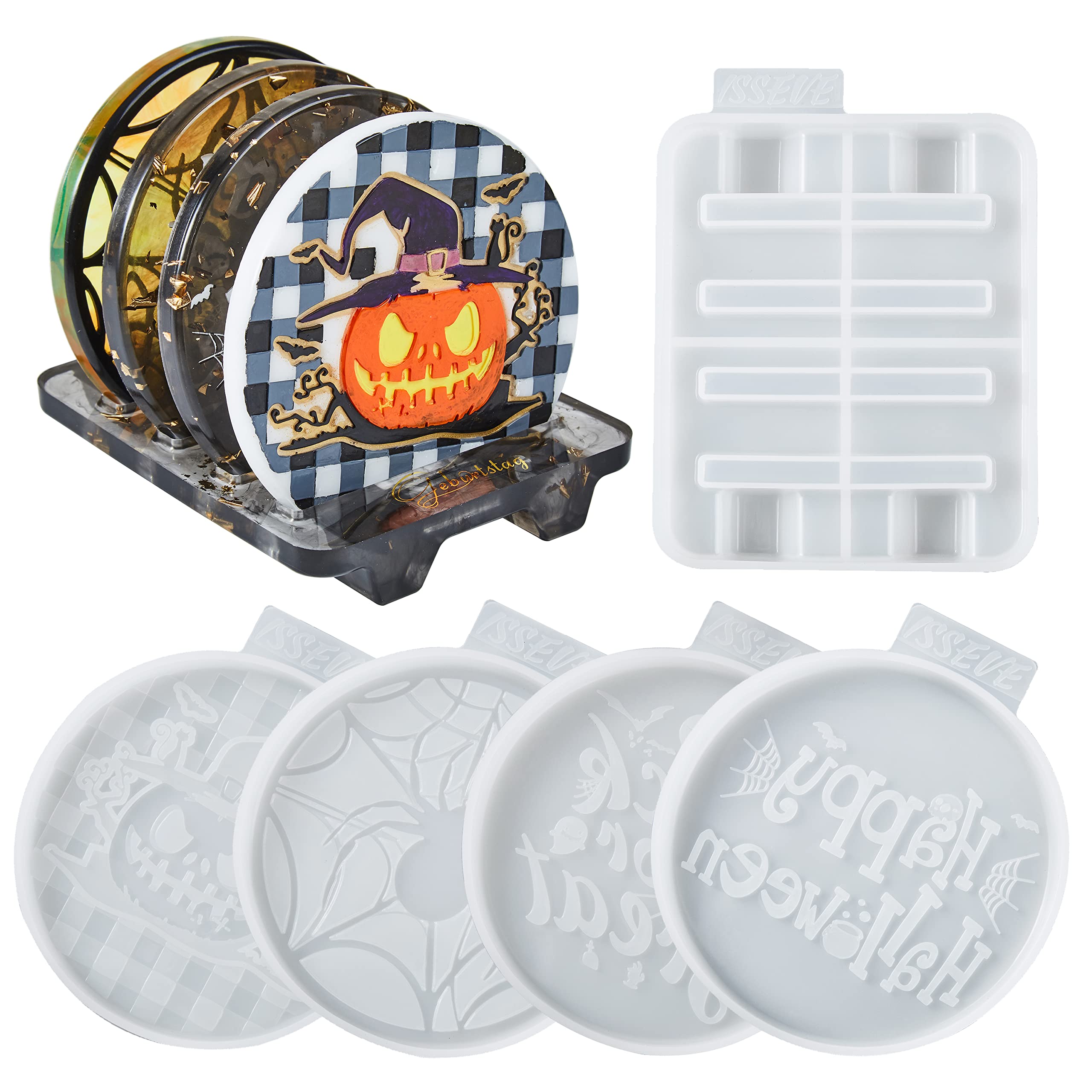 ISSEVE Halloween Coaster Resin Molds, 4Pcs Different Halloween Pattern Coaster Molds with 1Pc Coaster Stand Storage Molds, Silicone Molds for Epoxy Resin Casting, Coasters,Home Decoration