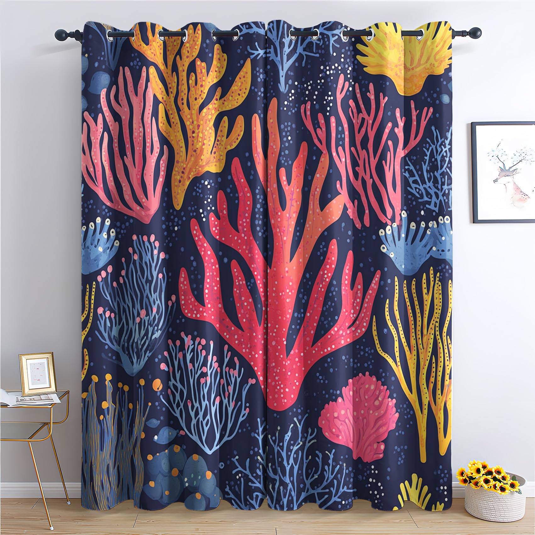 Luxfieo Underwater Blackout Curtains for Living Room Bedroom - 90 Inch Drop Curtains 54x90, Kids Ocean Coral Reef Patterned Window Treatments, Thermal Eyelet Drapes 2 Panels W#47 โ image 1