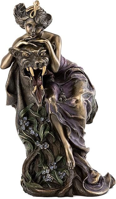 Top Collection French New Art Nouveau Lady and Beast Statue - Hand Painted Collectible Beautiful Lady Sculpture in Premium Cold Cast Bronze - 9-Inch Alphonse Mucha Figurine Collection