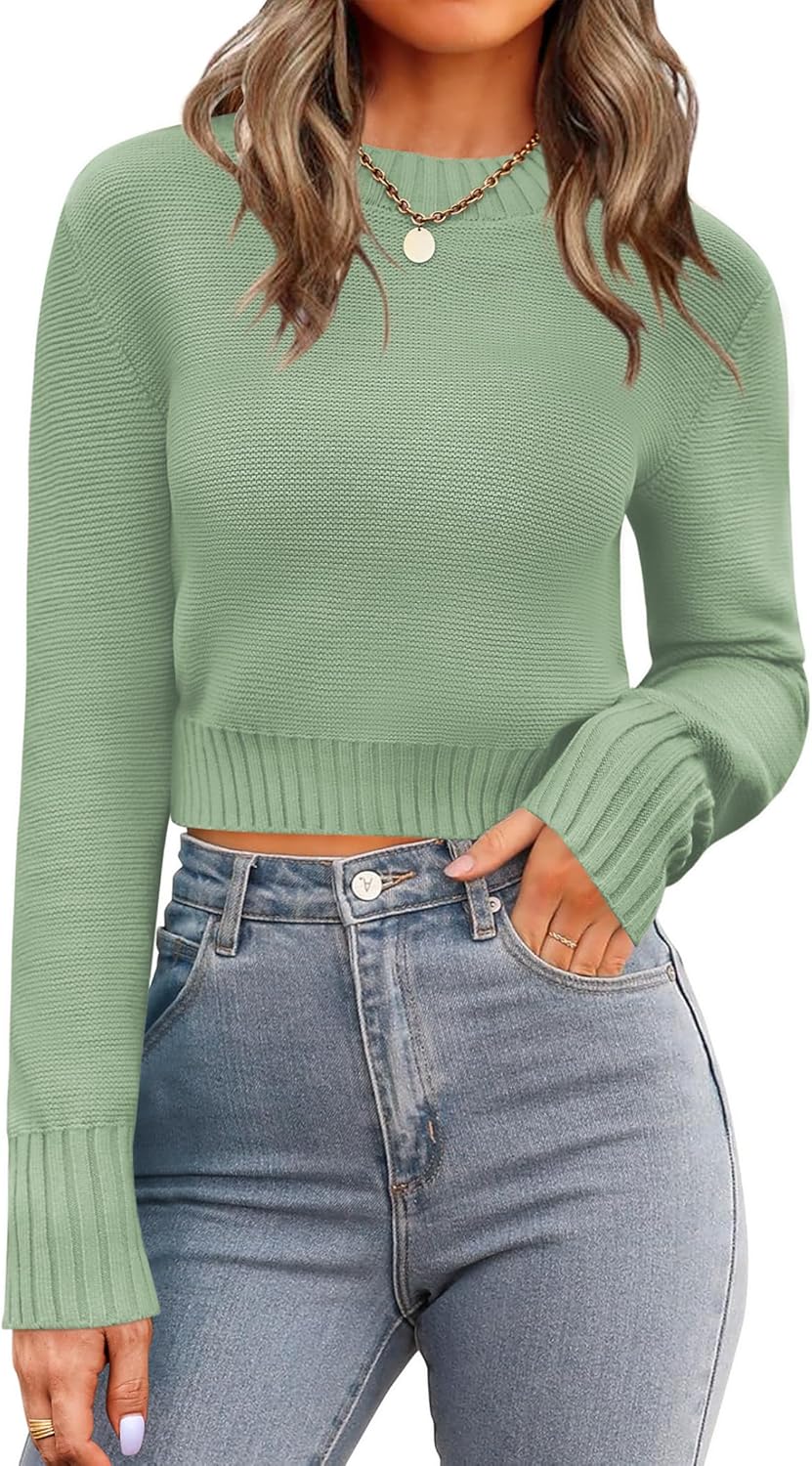 Zeagoo Women's 2026 Fall Crewneck Cropped Sweater Trendy Long Sleeve Ribbed Knit Pullover Jumper Tops