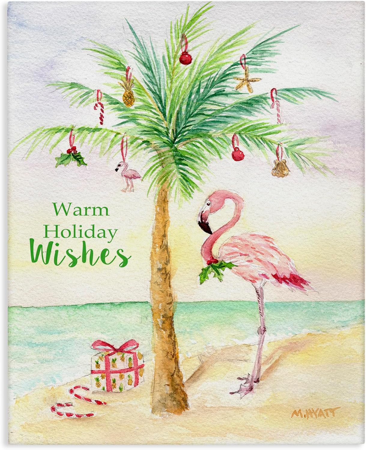 Stupell Industries Tropical Flamingo Christmas Nautical Palm Tree, Design by Melissa Hyatt LLC Canvas Wall Art, 16x20, Tan