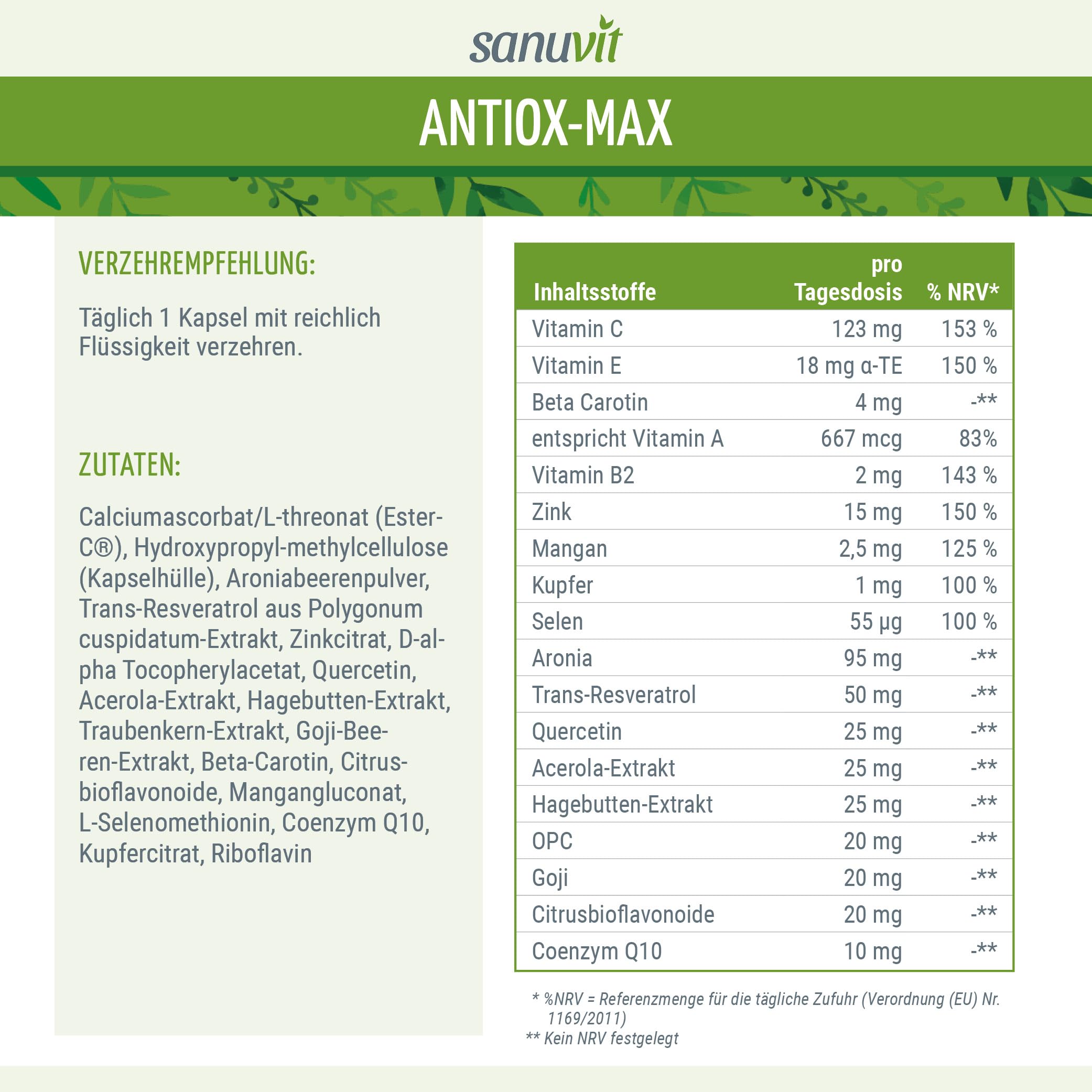 Sanuvit Antiox-Max 60 Kapseln - Reinstoffprodukt direkt vom Hersteller (hypoallergene Manufaktur)