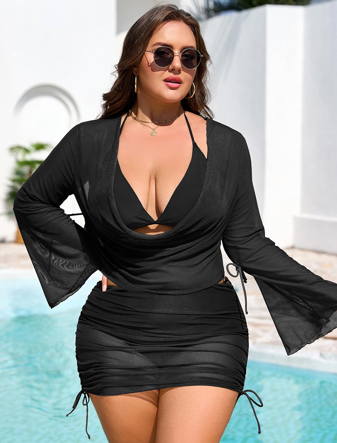 ZAFUL Womens Plus Size Swimsuit Cover Up Dress Draped Neck 2 Piece Mesh Long Sleeve Coverup Top Beach Skirt - Image 8